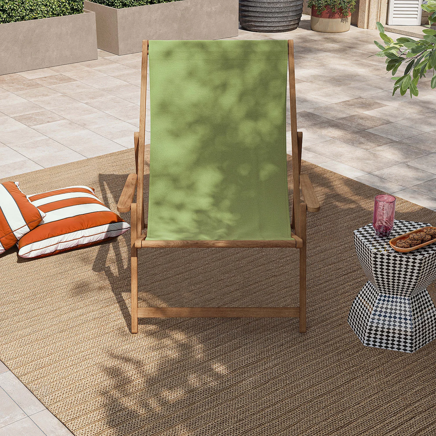 Chilienne avec accoudoirs en chêne et toile en coton - Vert olive - 4