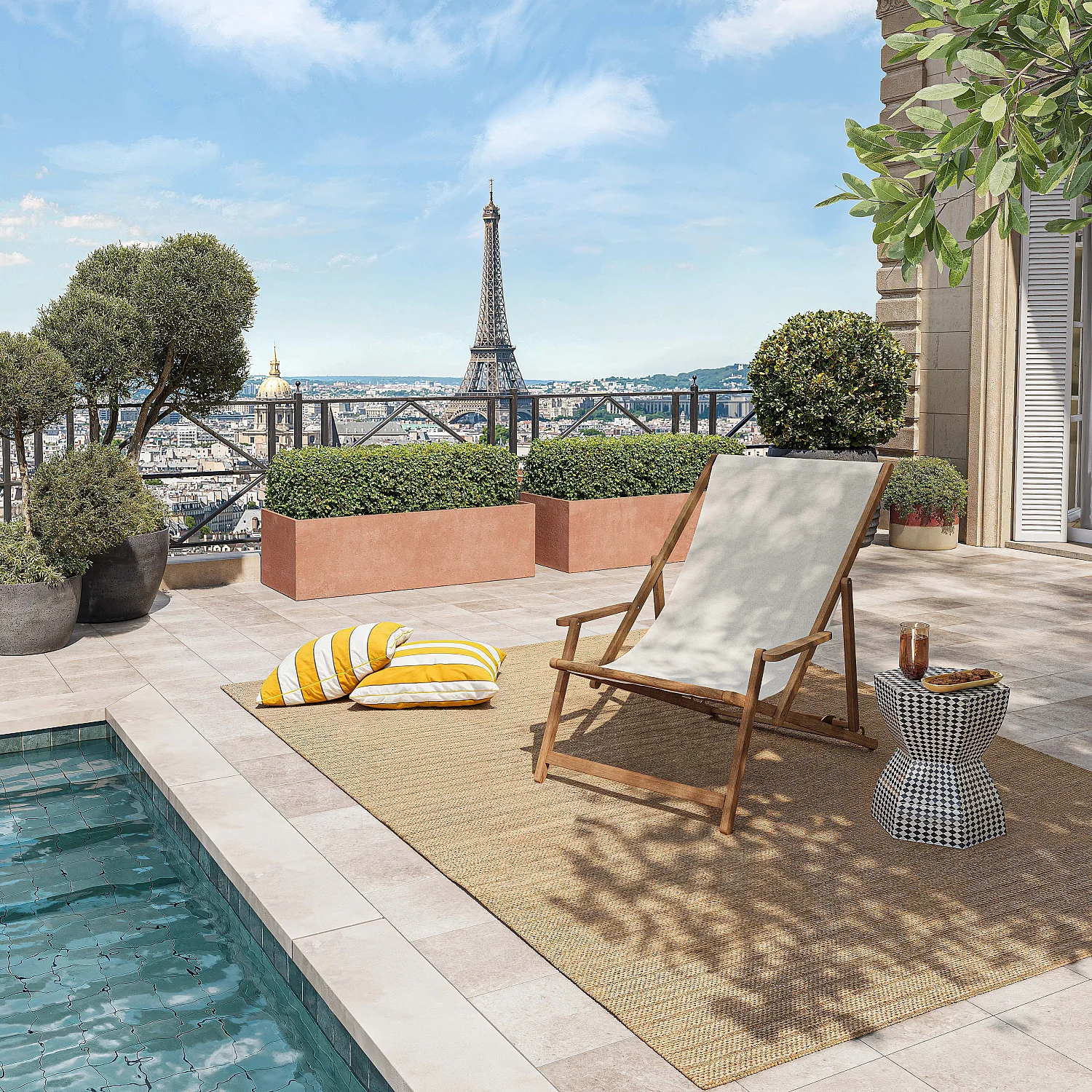 Chilienne avec accoudoirs en chêne et toile en coton - Écru - 1