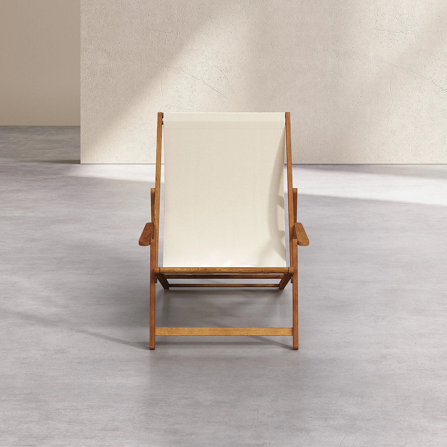 Chilienne avec accoudoirs en chêne et toile en coton - Écru - 6