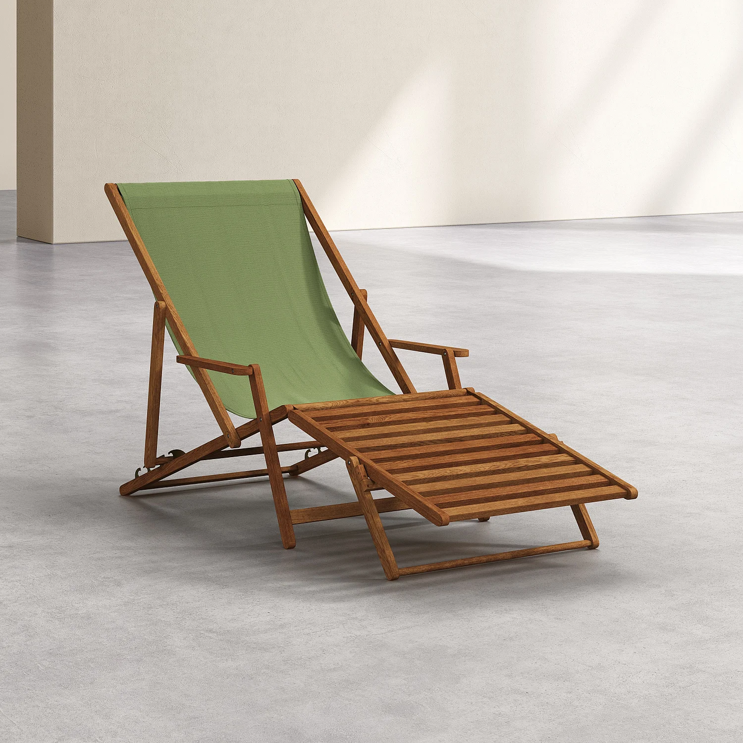 Chilienne en chêne avec accoudoirs et toile en coton avec repose-pieds - Vert olive - 2