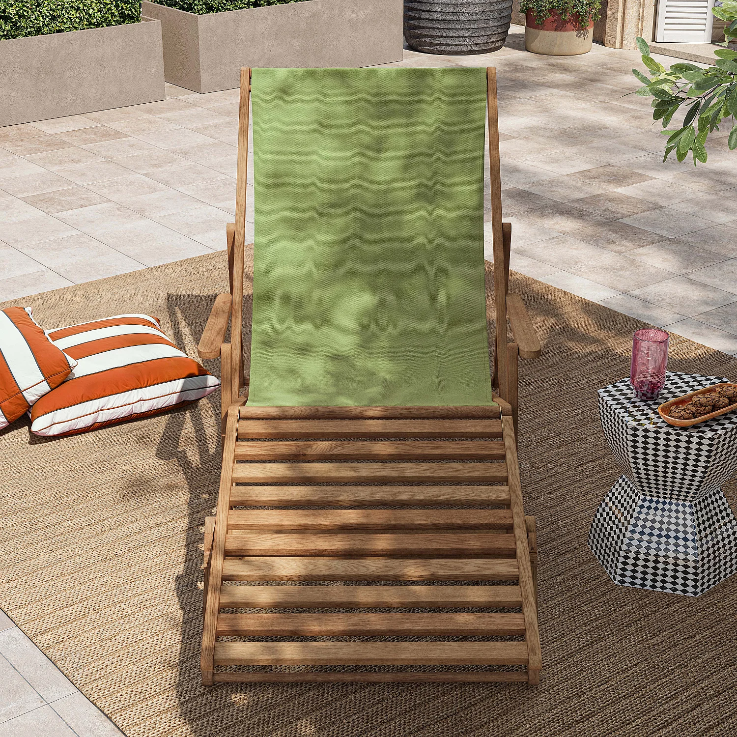 Chilienne en chêne avec accoudoirs et toile en coton avec repose-pieds - Vert olive - 4