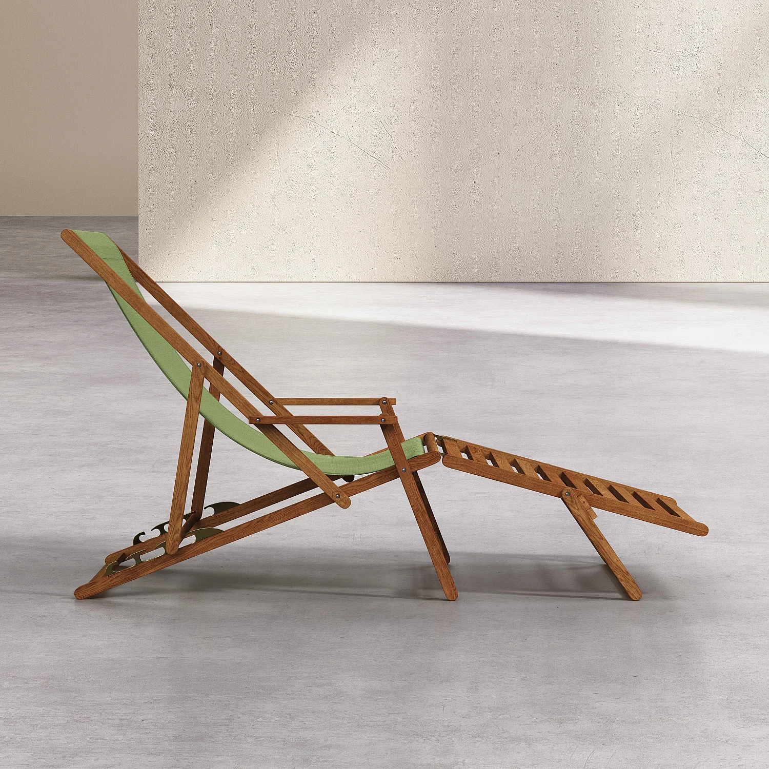 Chilienne en chêne avec accoudoirs et toile en coton avec repose-pieds - Vert olive - 5