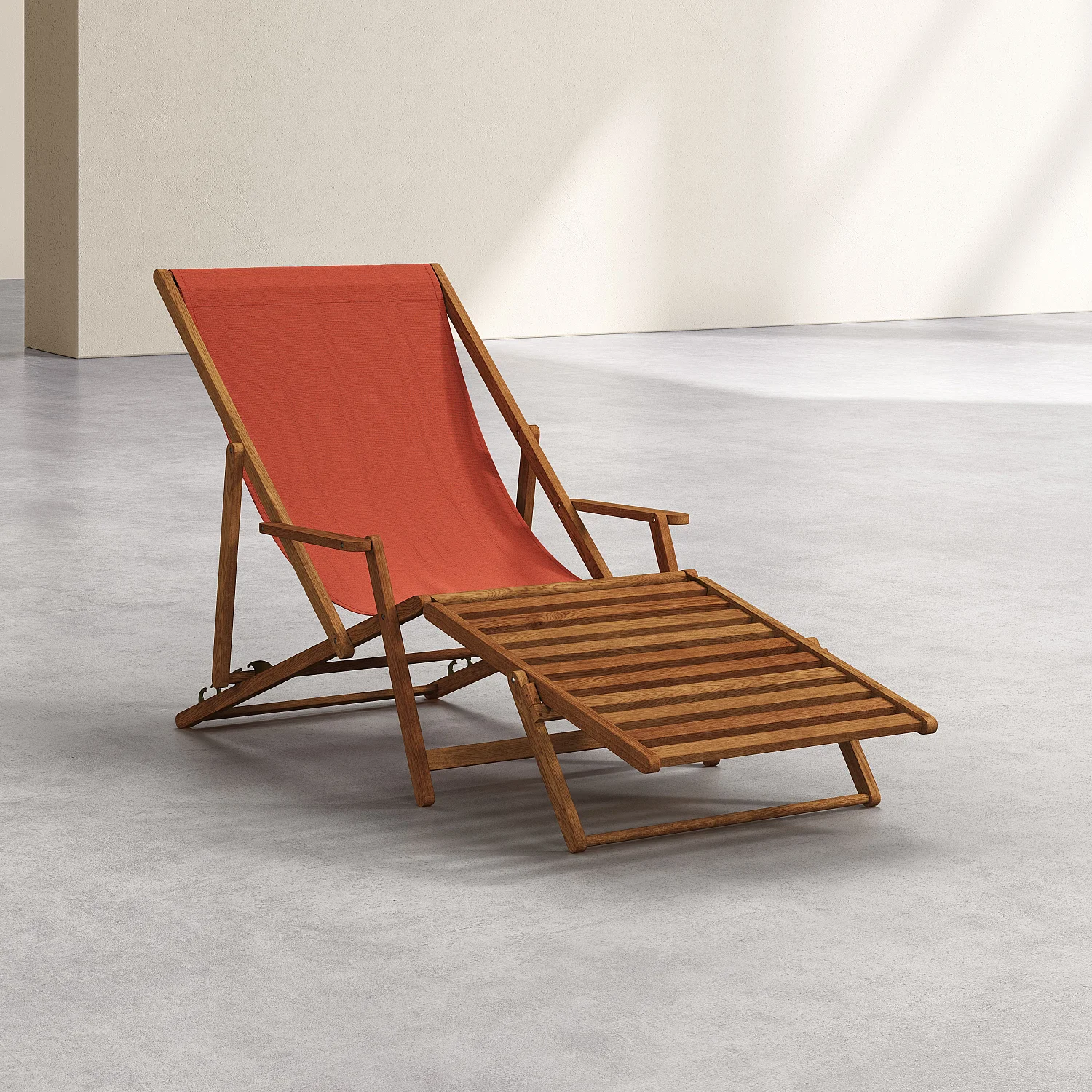 Chilienne en chêne avec accoudoirs et toile en coton avec repose-pieds - Orange brique - 2