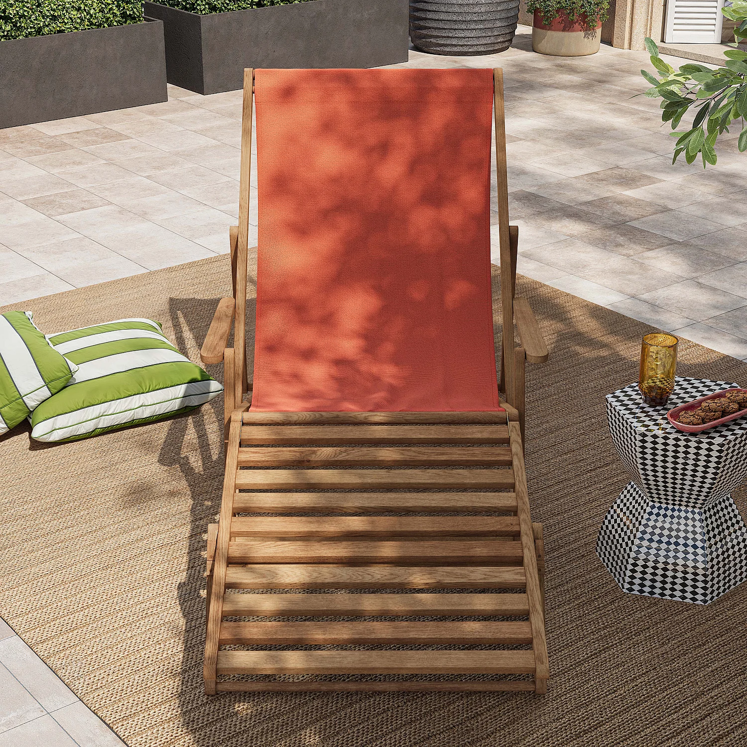 Chilienne en chêne avec accoudoirs et toile en coton avec repose-pieds - Orange brique - 4