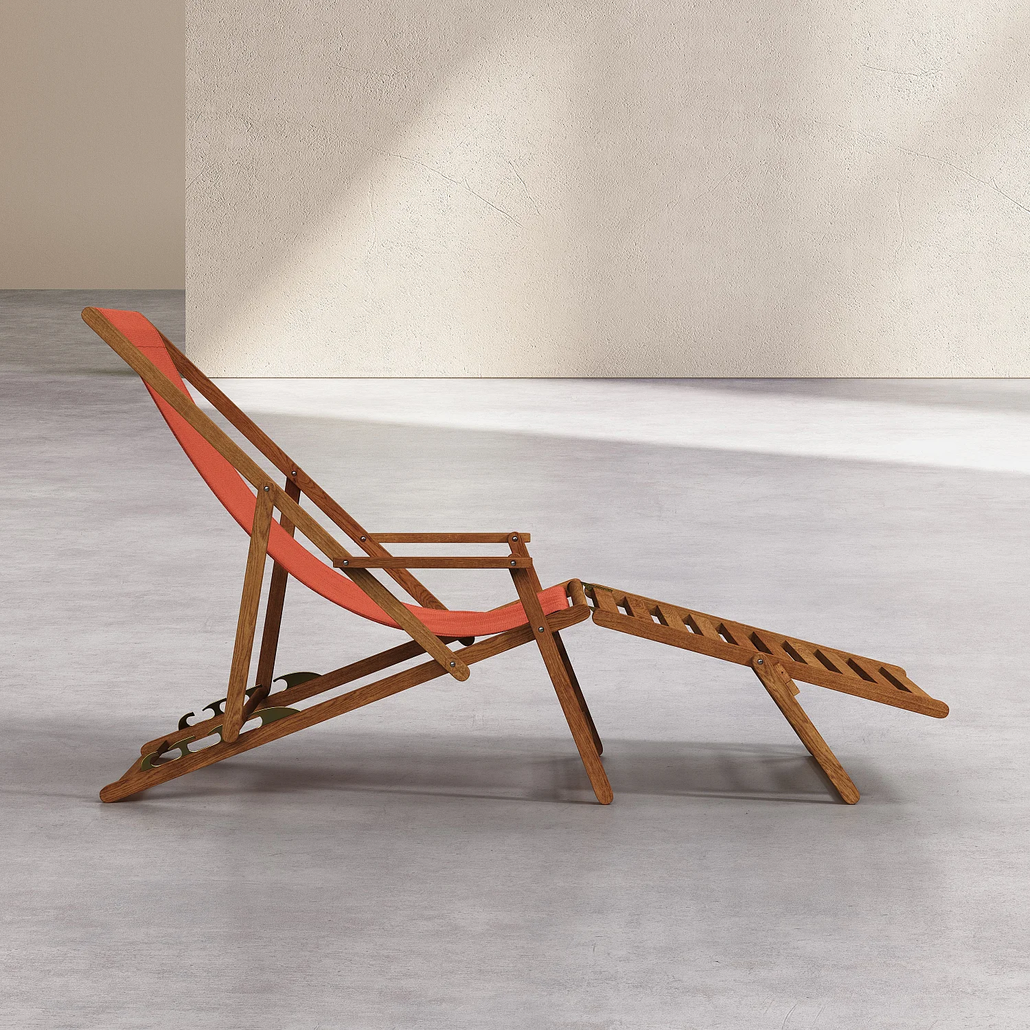 Chilienne en chêne avec accoudoirs et toile en coton avec repose-pieds - Orange brique - 5