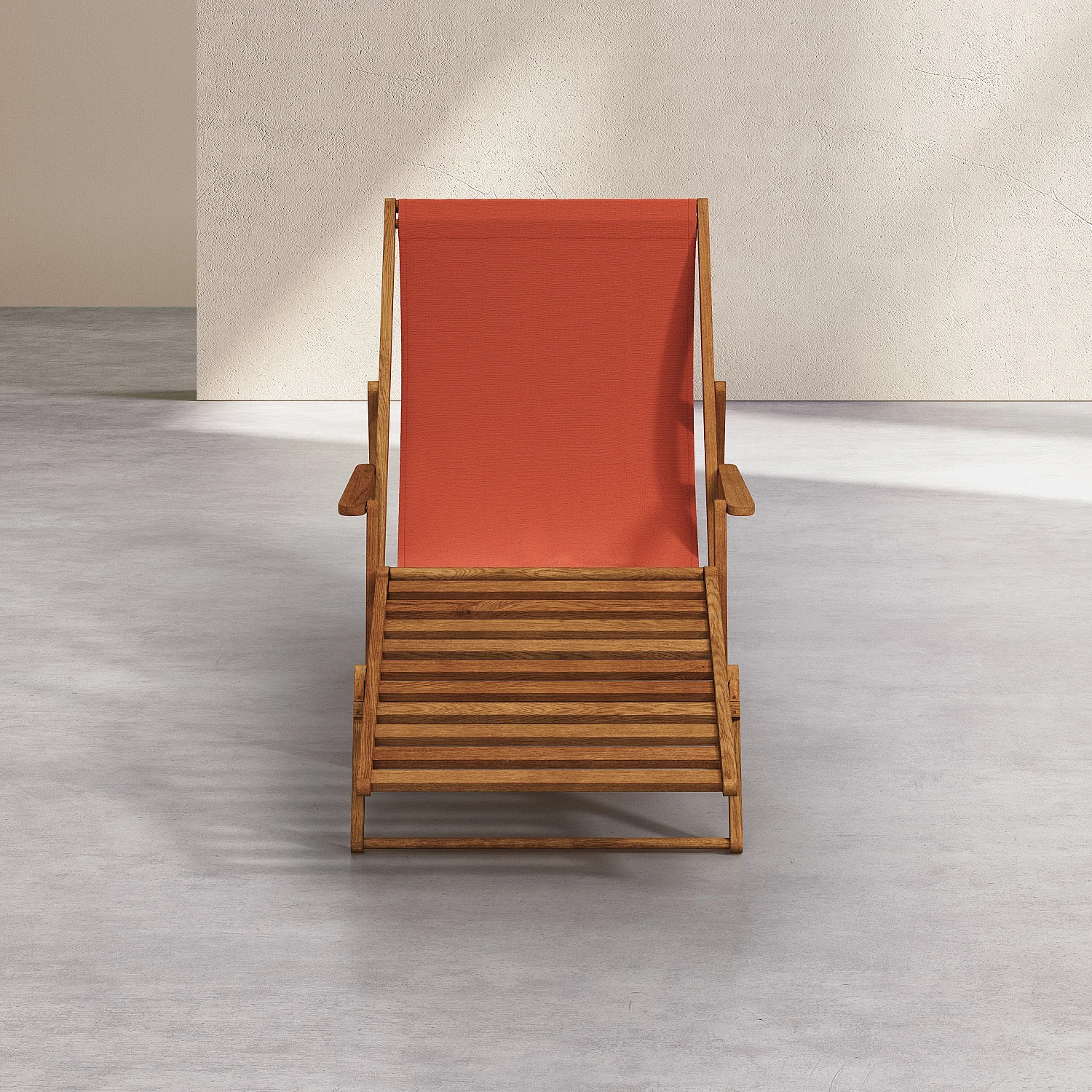 Chilienne en chêne avec accoudoirs et toile en coton avec repose-pieds - Orange brique - 6