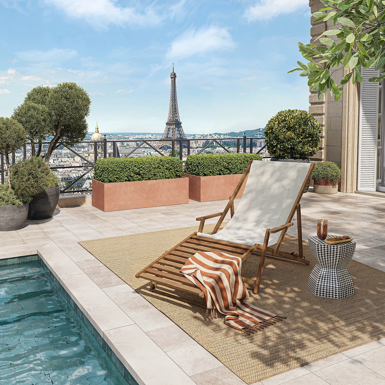 Chilienne en chêne avec accoudoirs et toile en coton avec repose-pieds - Écru - 1