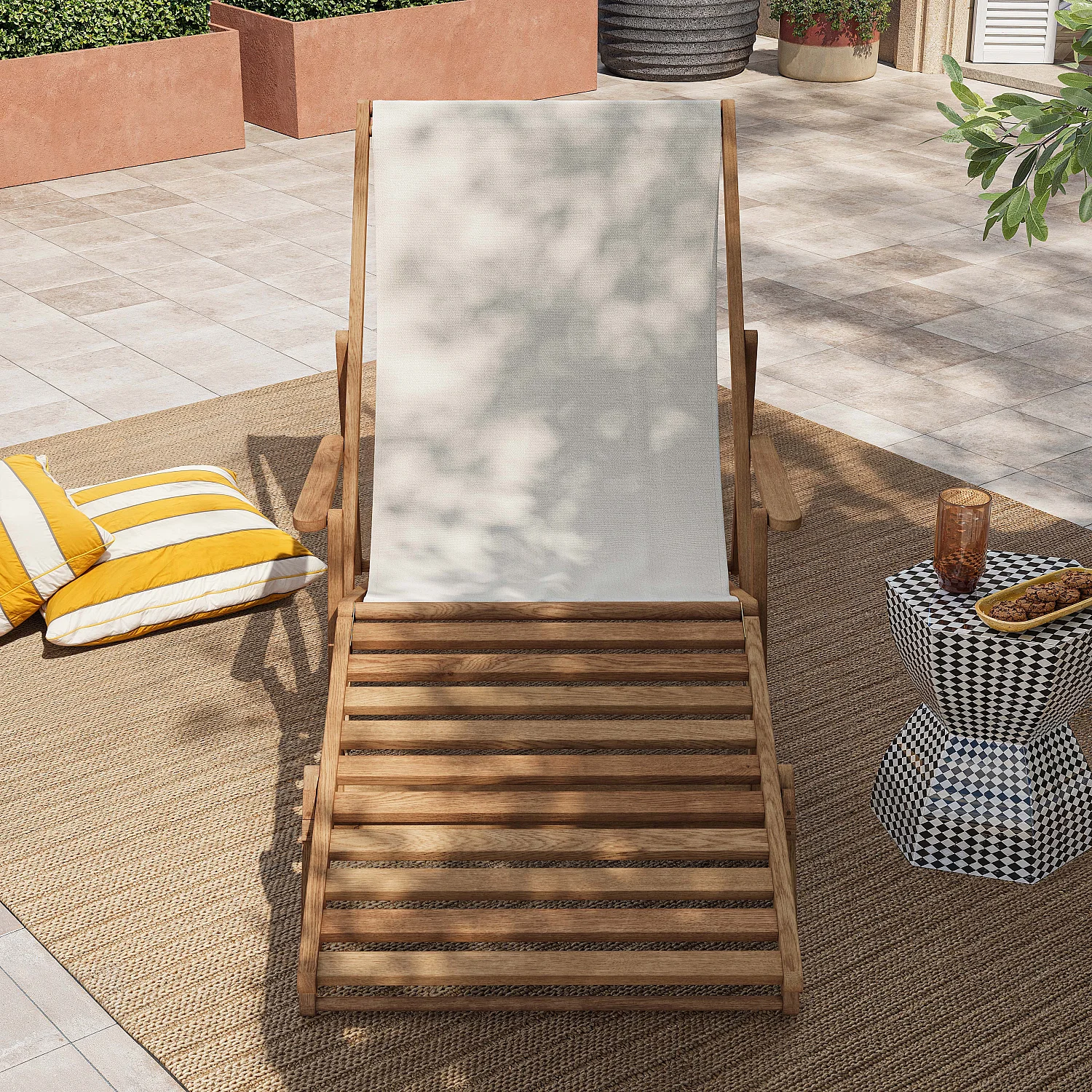 Chilienne en chêne avec accoudoirs et toile en coton avec repose-pieds - Écru - 4