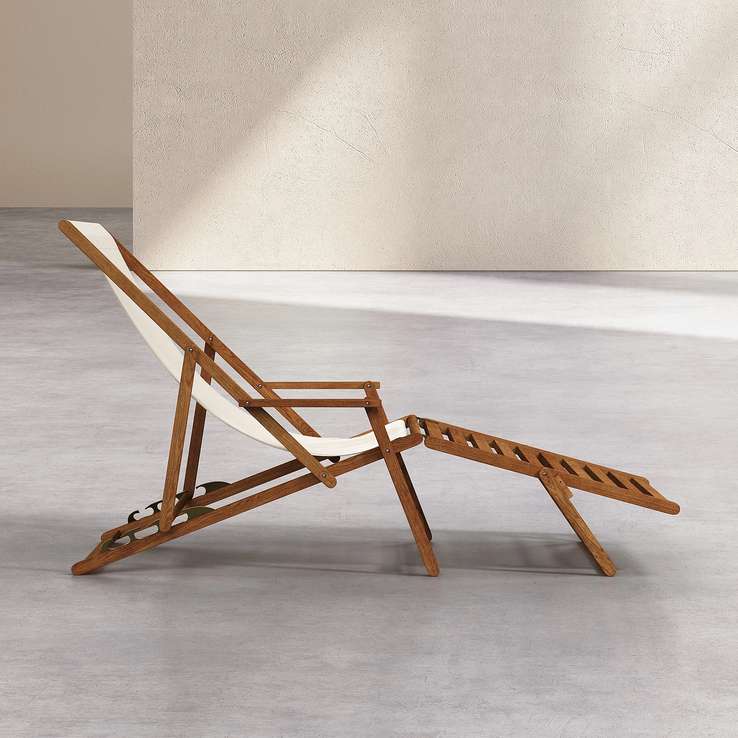 Chilienne en chêne avec accoudoirs et toile en coton avec repose-pieds - Écru - 5