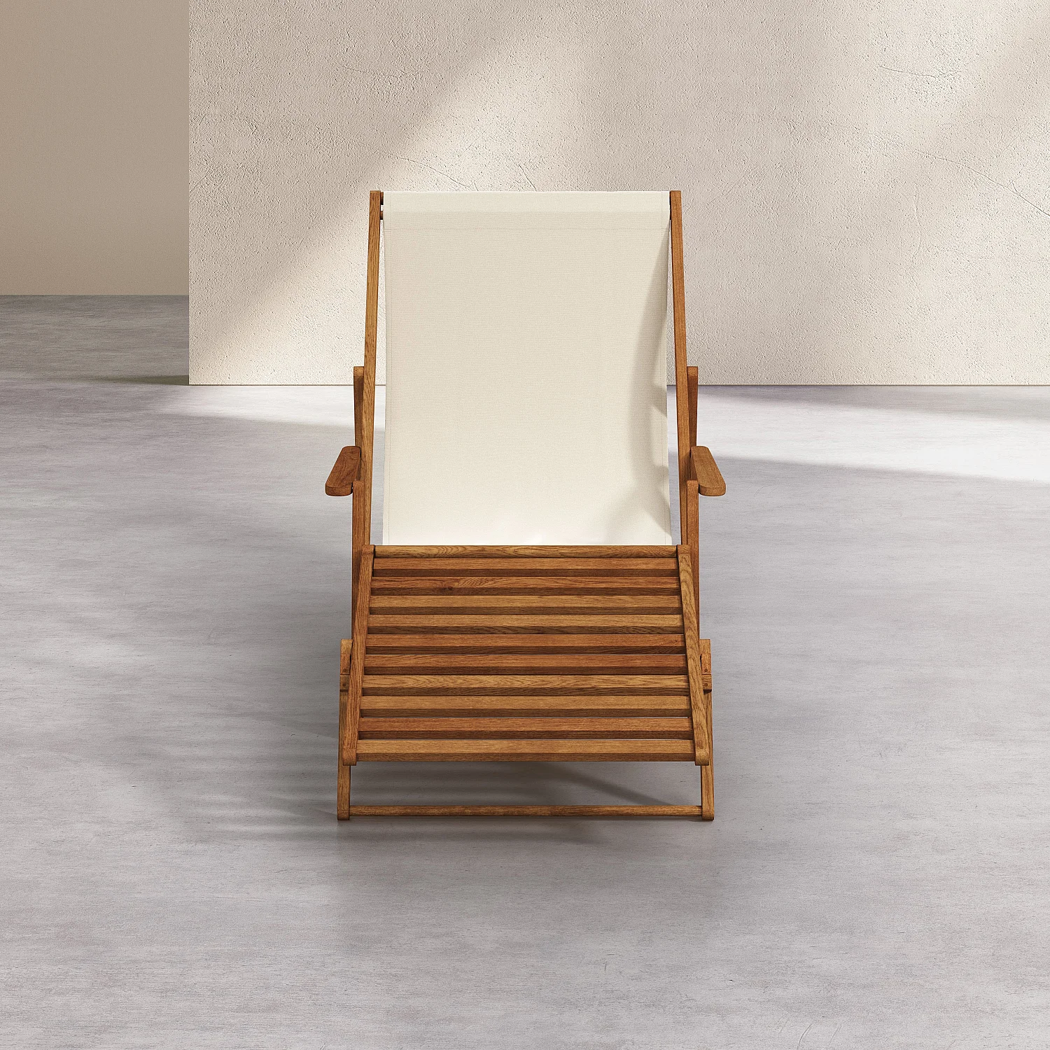 Chilienne en chêne avec accoudoirs et toile en coton avec repose-pieds - Écru - 6