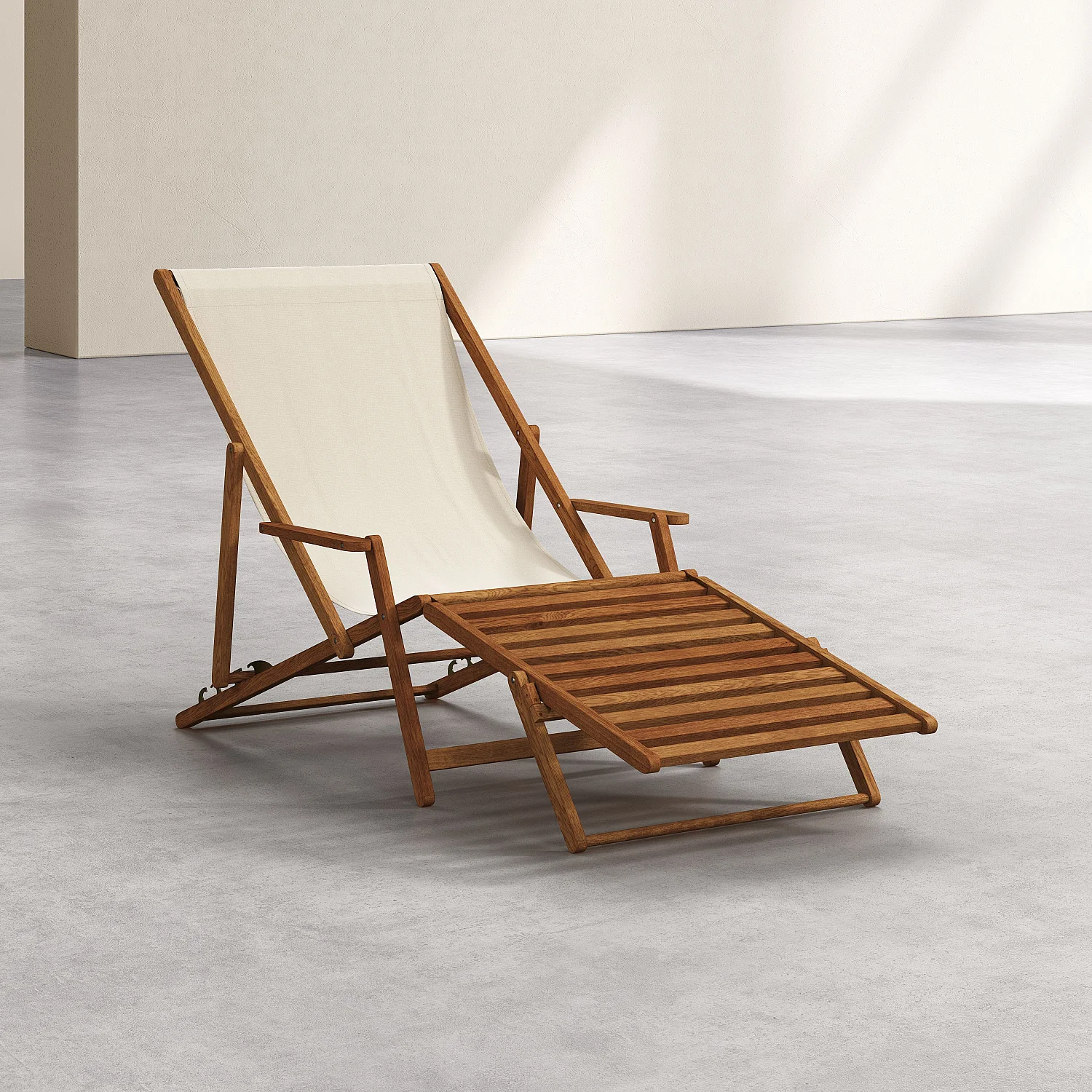 Chilienne en chêne avec accoudoirs et toile en coton avec repose-pieds - Écru - 2