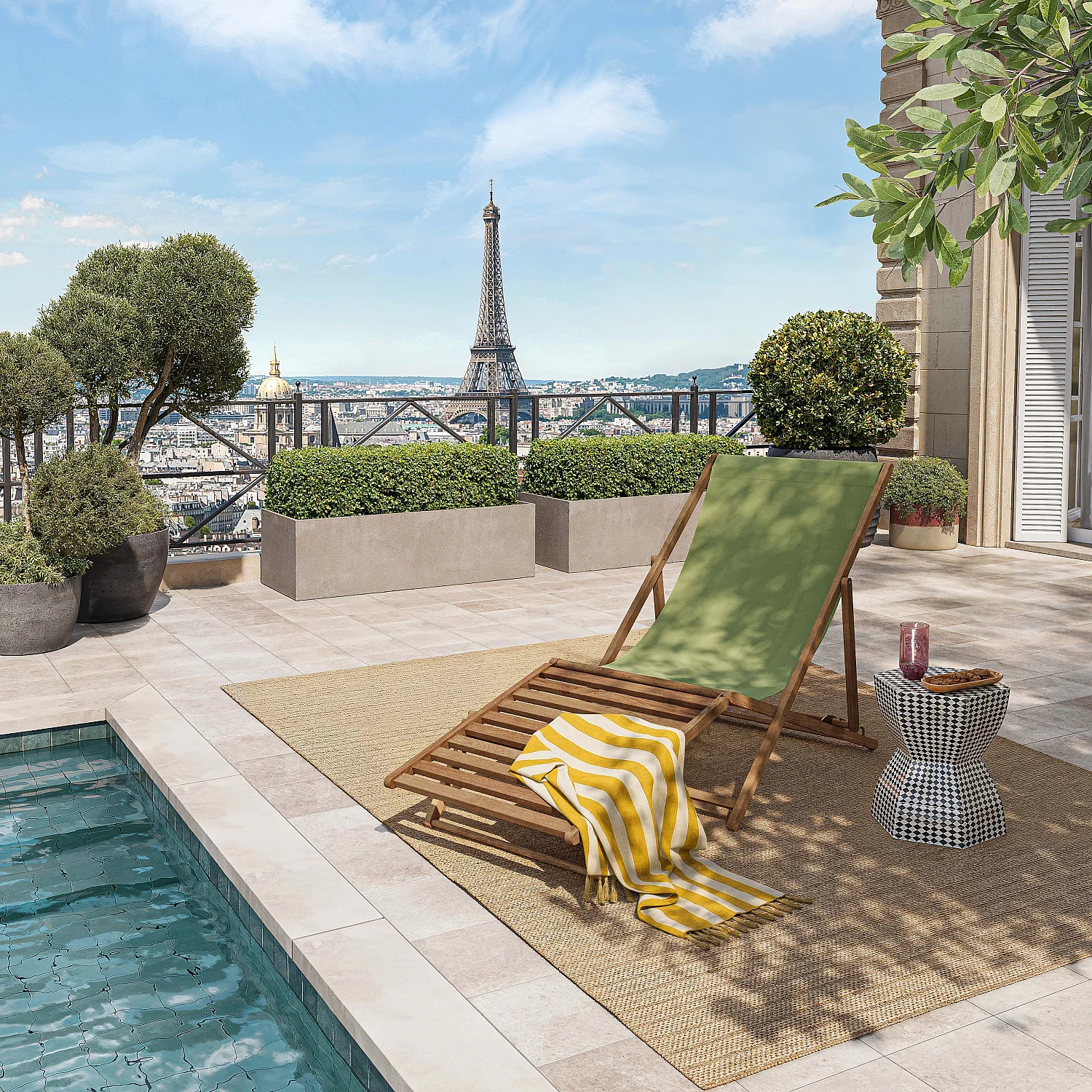 Chilienne en chêne et toile en coton avec repose-pieds - Vert olive - 1