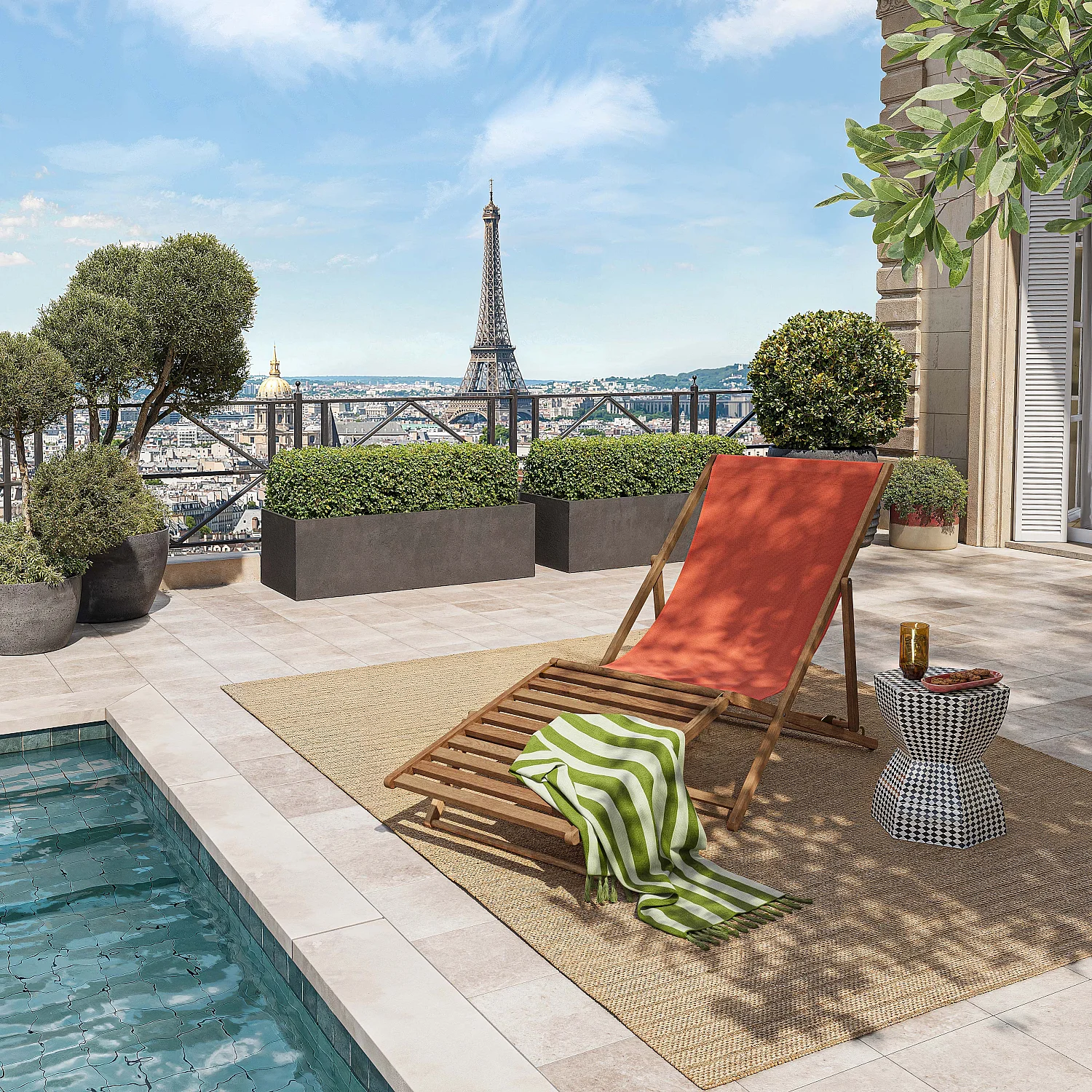 Chilienne en chêne et toile en coton avec repose-pieds - Orange brique - 1