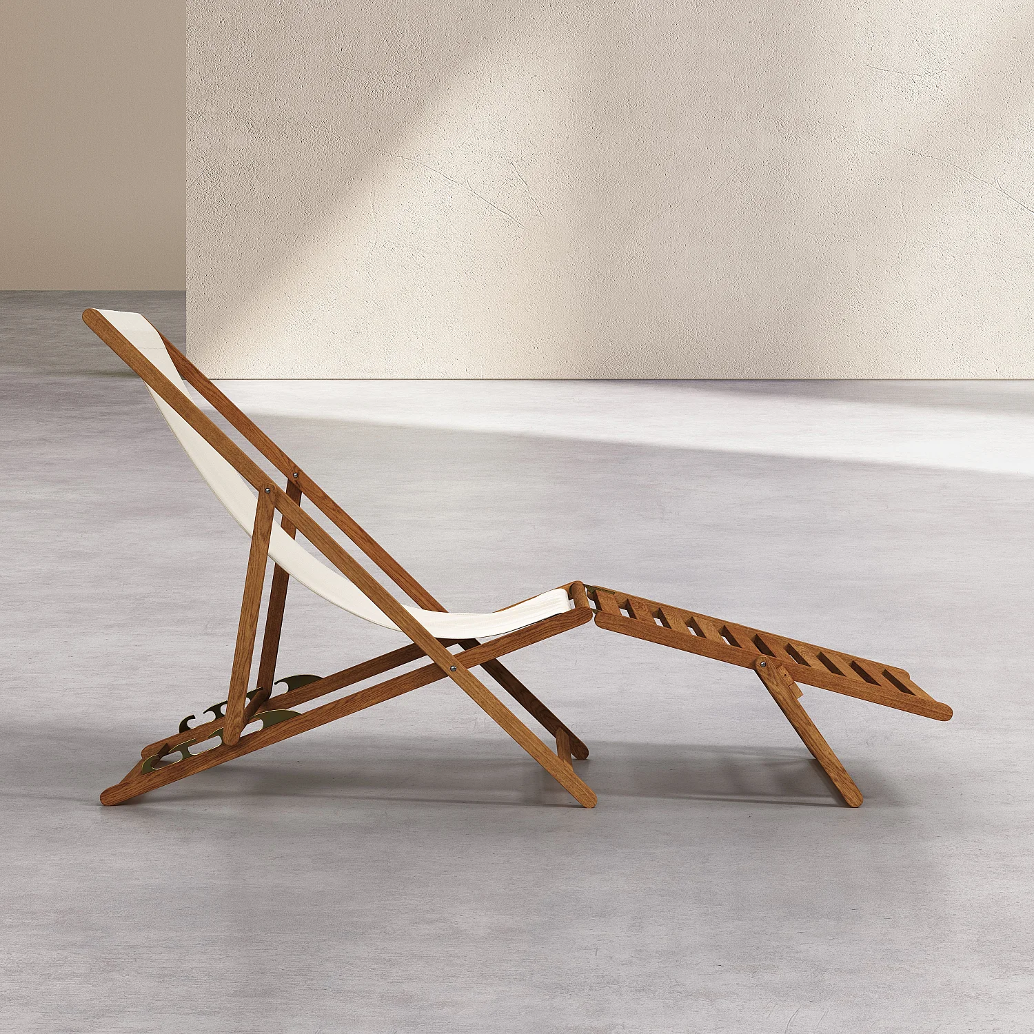 Chilienne en chêne et toile en coton avec repose-pieds - Écru - 5