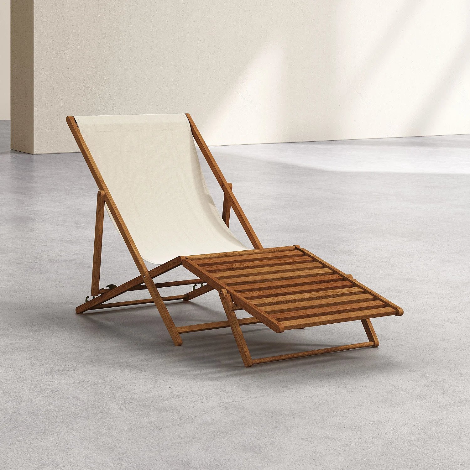 Chilienne en chêne et toile en coton avec repose-pieds - Écru - 2