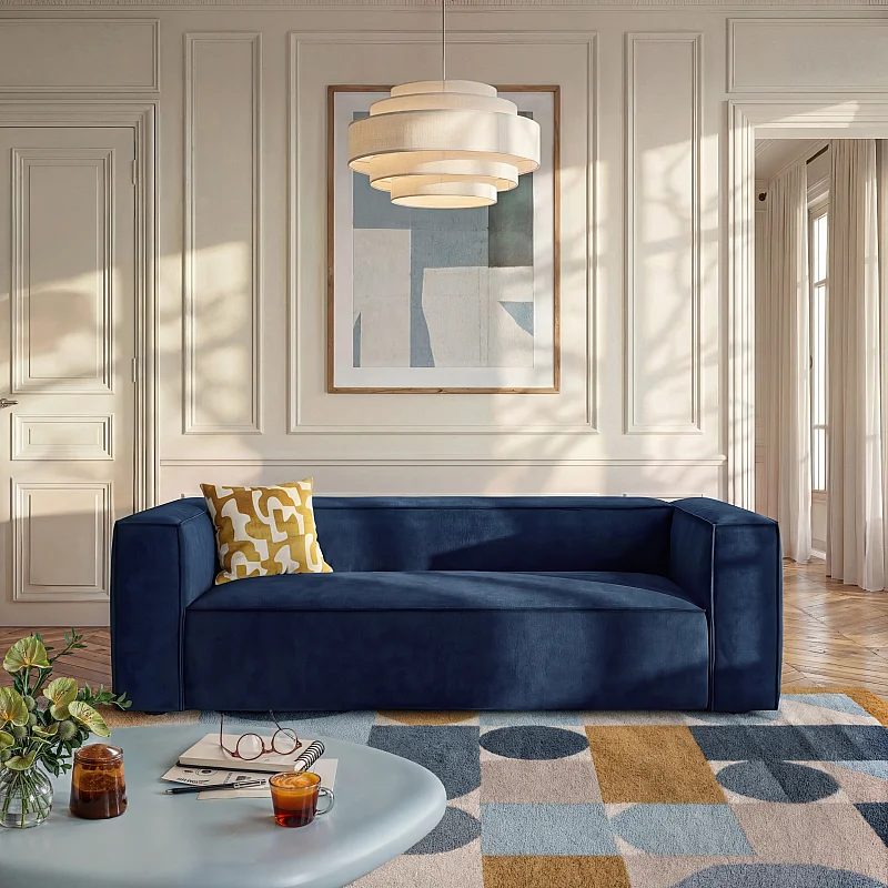 Canapé 2 places en velours bleu style scandinave