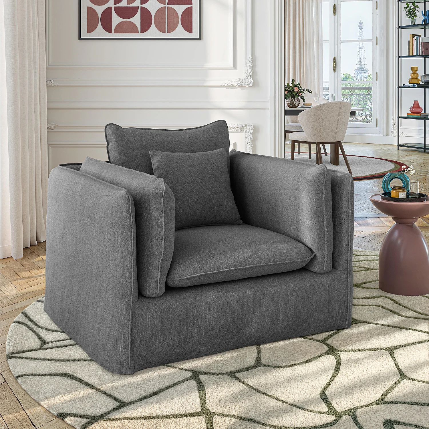 Fauteuil déhoussable en coton et lin - Gris ardoise - 3