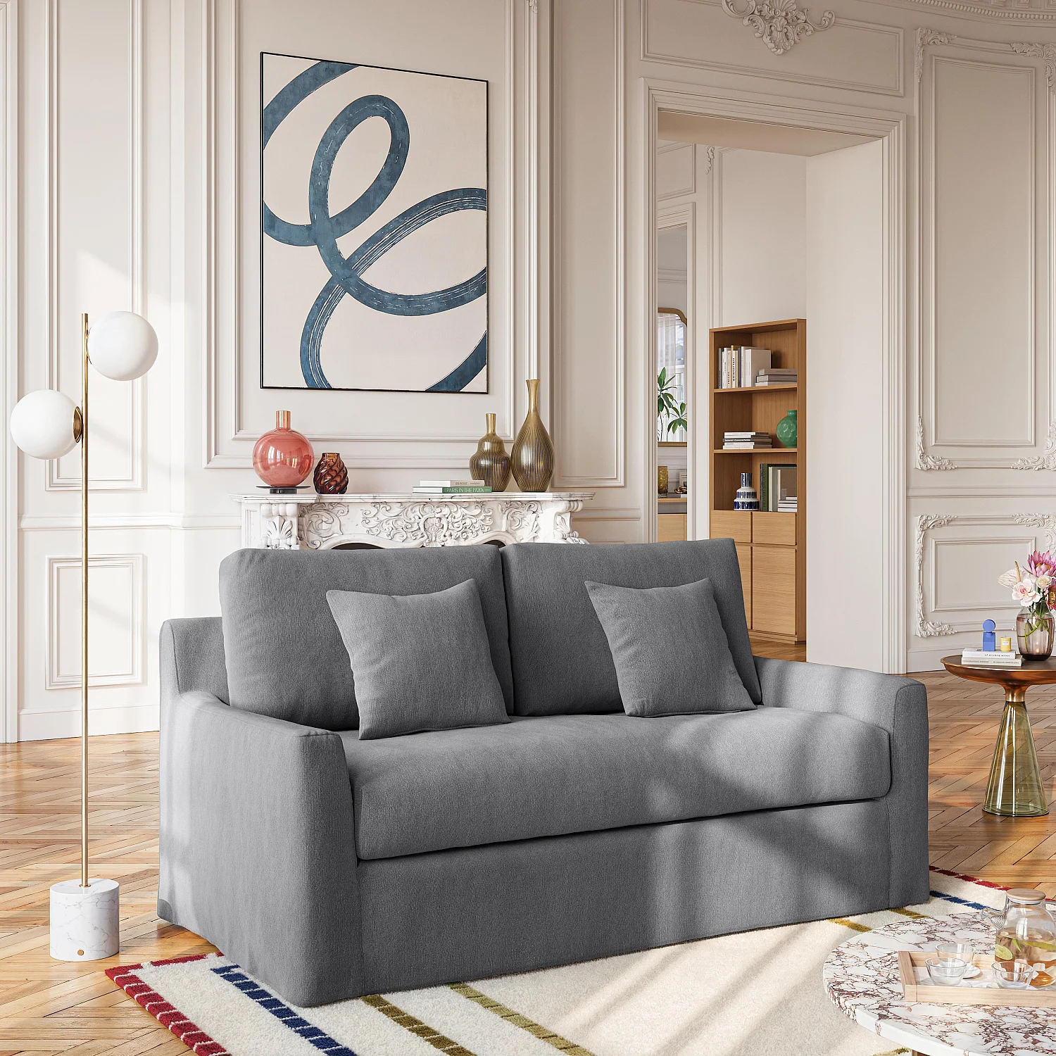 Canapé 2 places déhoussable en coton et lin garni de plumes - Gris ardoise - 3