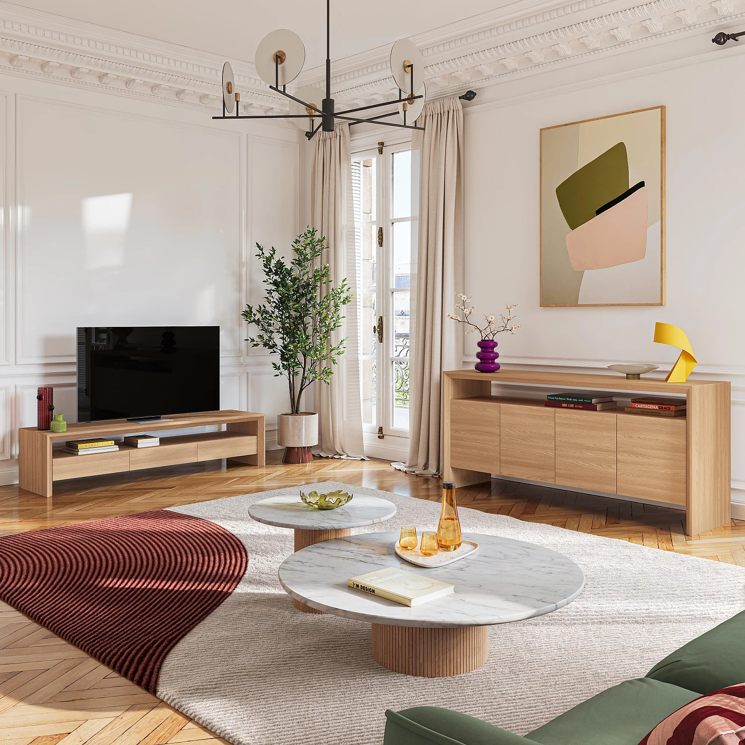 Meuble TV 3 tiroirs en chêne - Naturel - 8