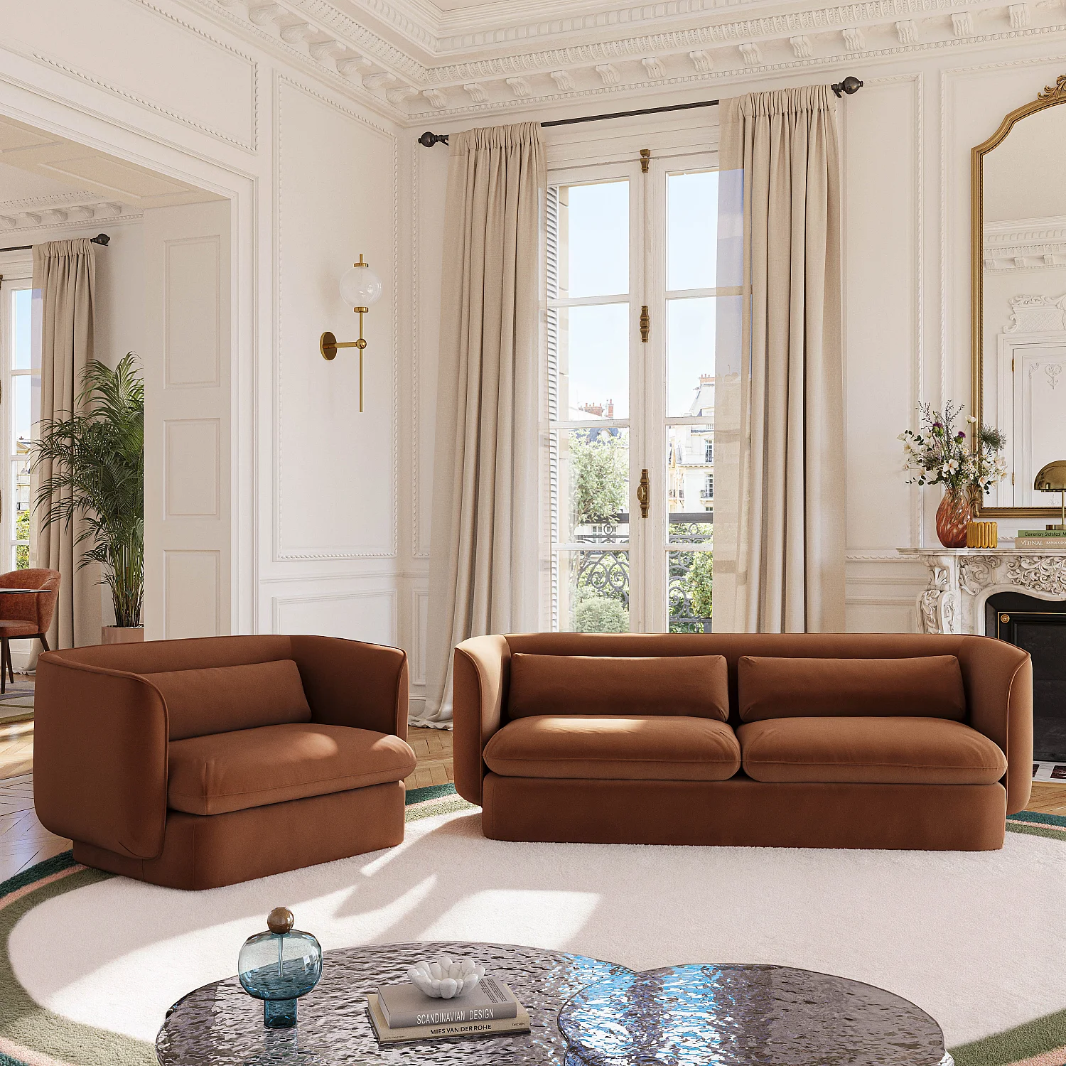 Ensemble canapé 3 places et fauteuil garnis de plumes - Terracotta - 3