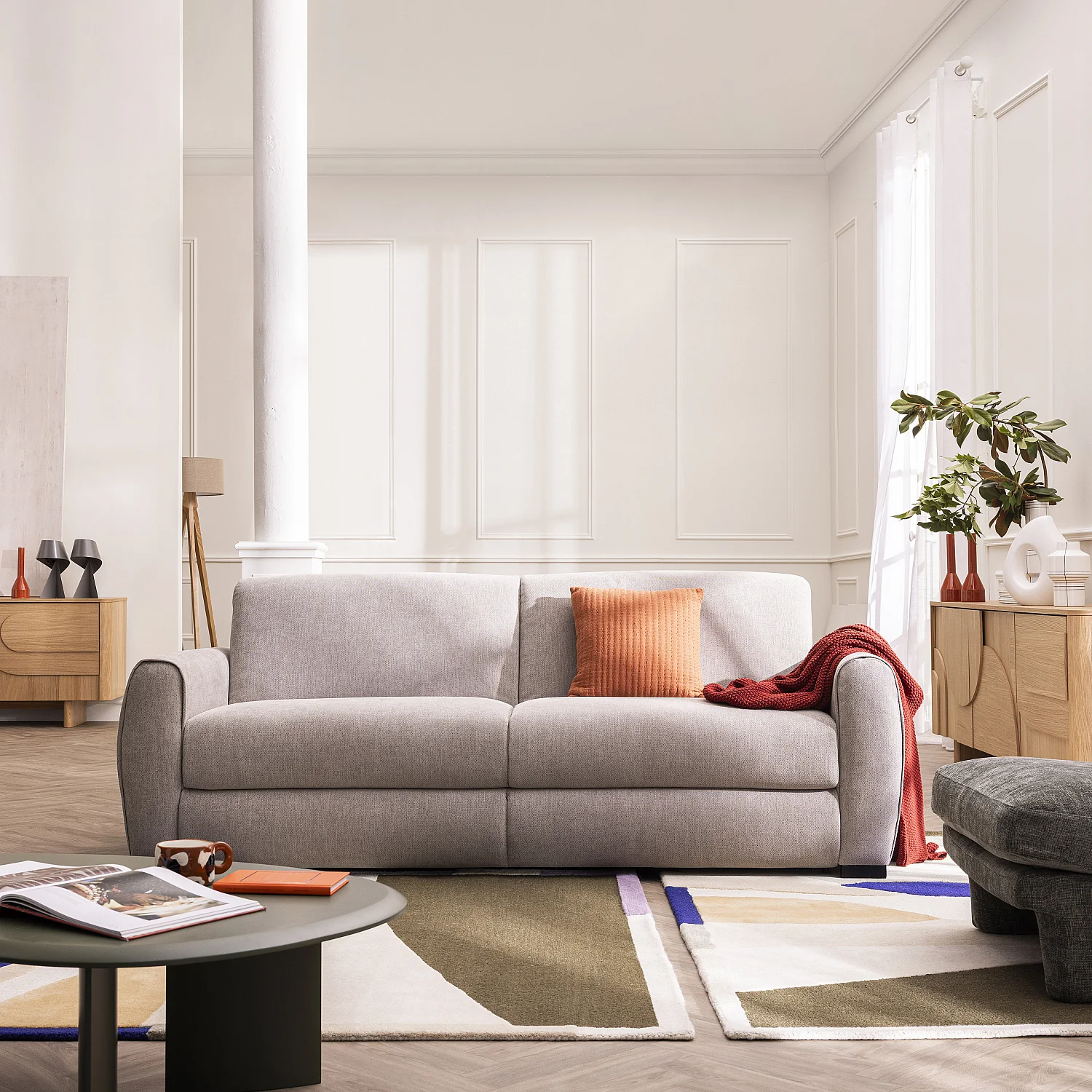 Canapé convertible 3 places - Couchage 160 cm - Matelas 16 cm - Tissu Lugano Gris clair - 1