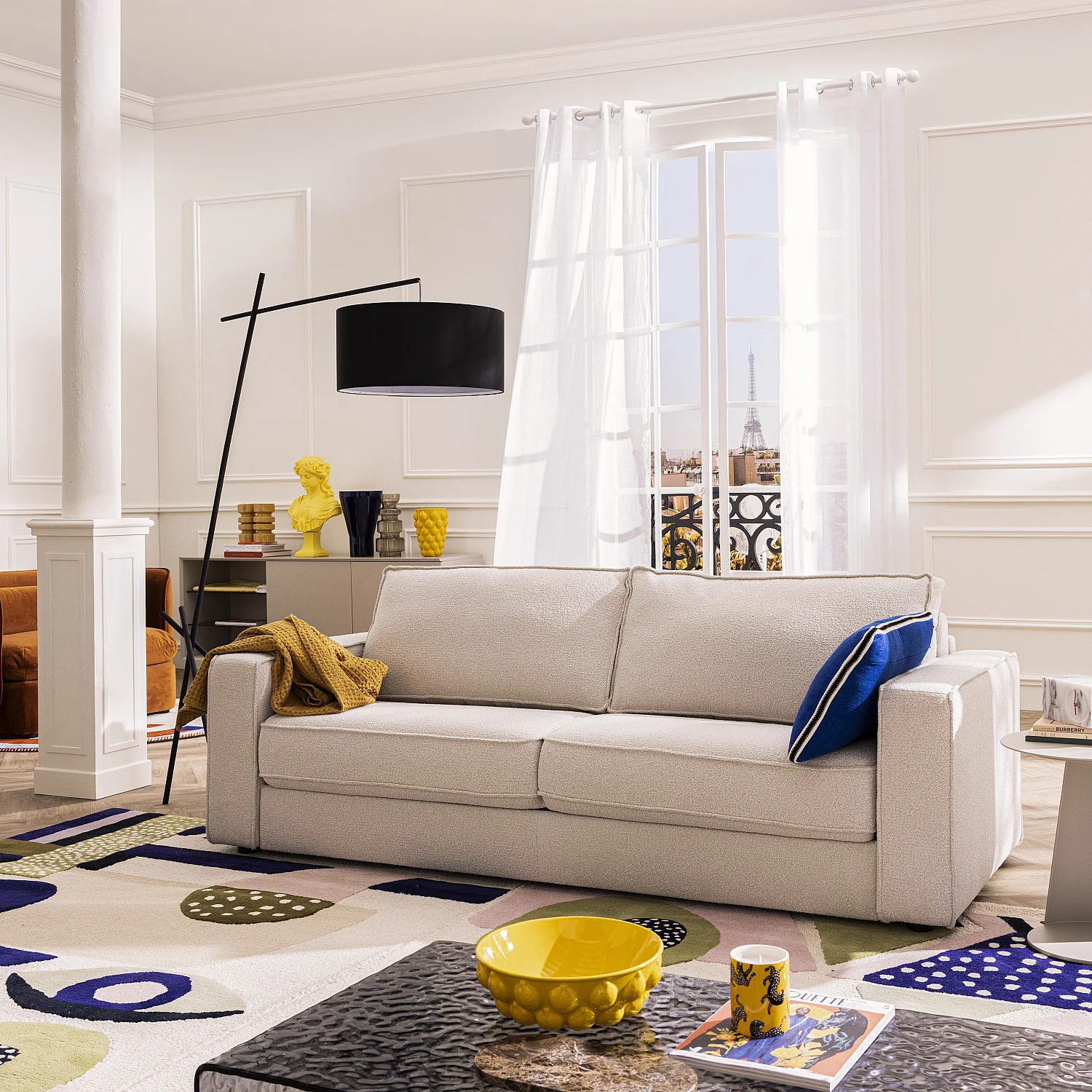 Divano letto 2 posti - Letto 140 cm - Materasso 13 cm - Tessuto Tolfa Crema - 3