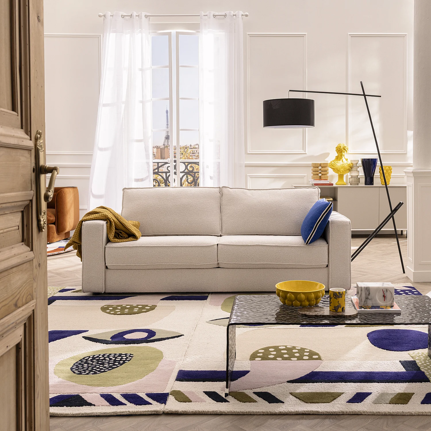 Divano letto 3 posti - Letto 160 cm - Materasso 13 cm - Tessuto Tolfa Crema - 1