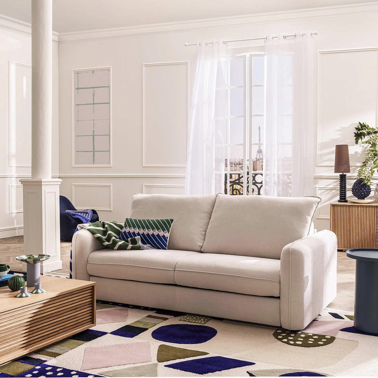 Sofá cama 2 plazas - Cama 140 cm - Colchón 13 cm - Tela Norcia crudo - 3