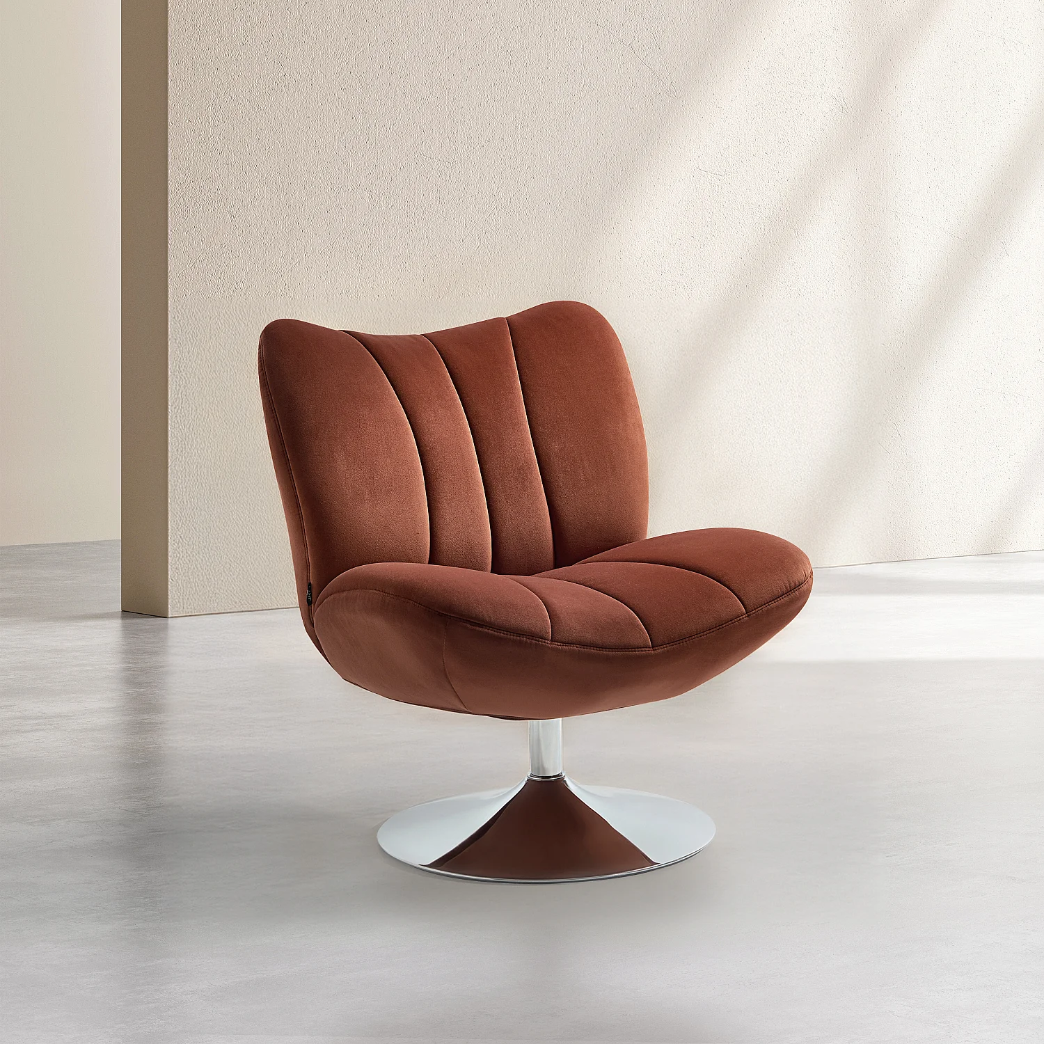 Gecapitonneerde draaifauteuil in stof en verchroomd metaal - Terracotta - 1