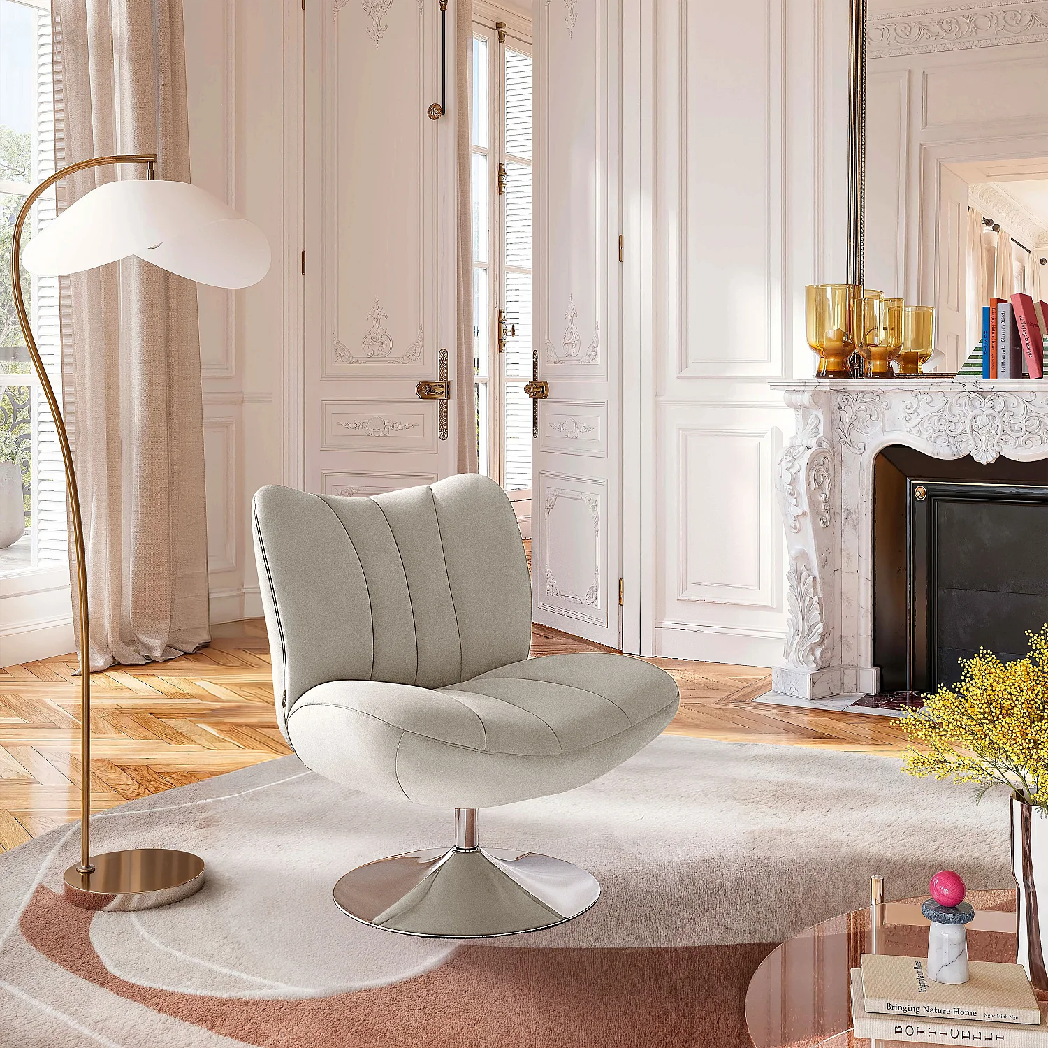 Poltrona girevole imbottita in tessuto e metallo cromato - Crema - 1