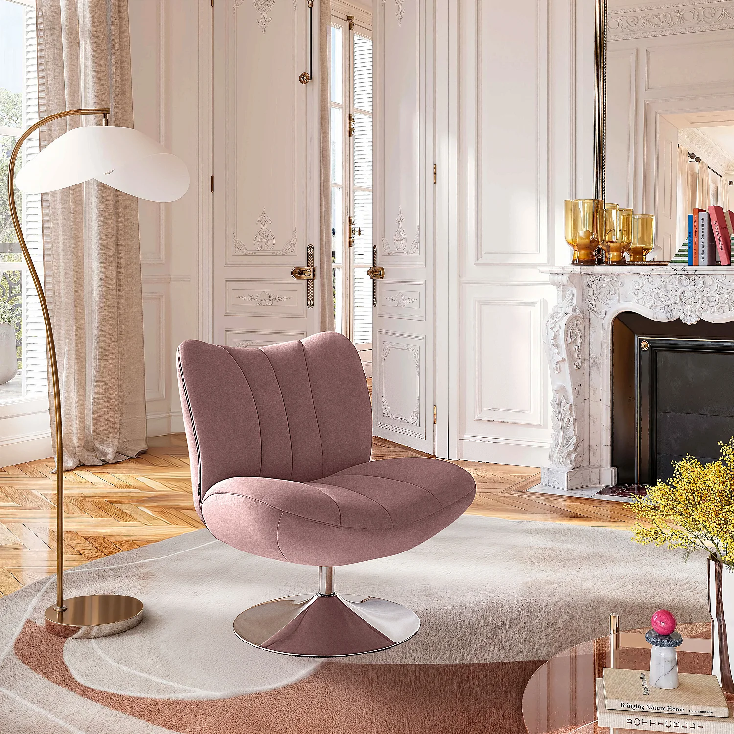 Poltrona girevole imbottita in tessuto e metallo cromato - Rosa antico - 1