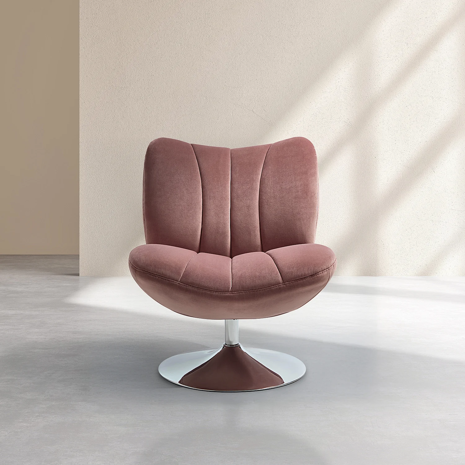 Gestoffeerde draaibare fauteuil in stof en verchroomd metaal - Oudroze - 2