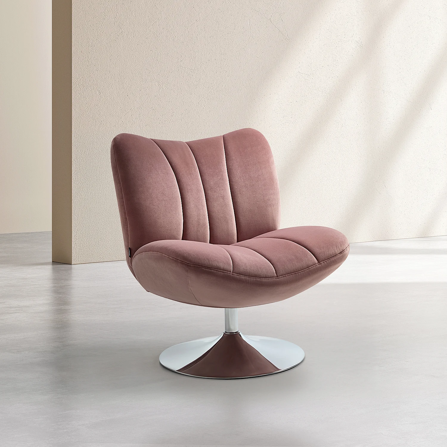 Gestoffeerde draaibare fauteuil in stof en verchroomd metaal - Oudroze - 1