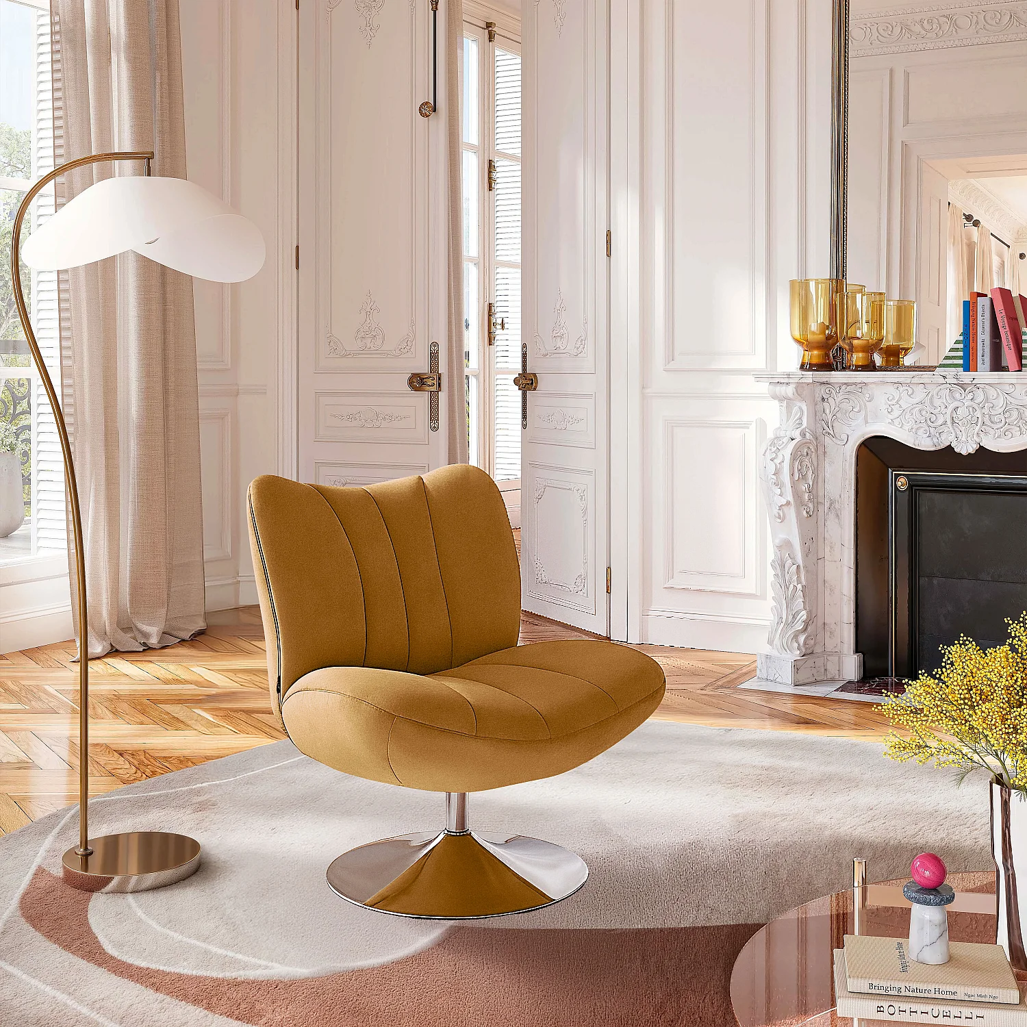 Poltrona girevole imbottita in tessuto e metallo cromato - Miele - 1