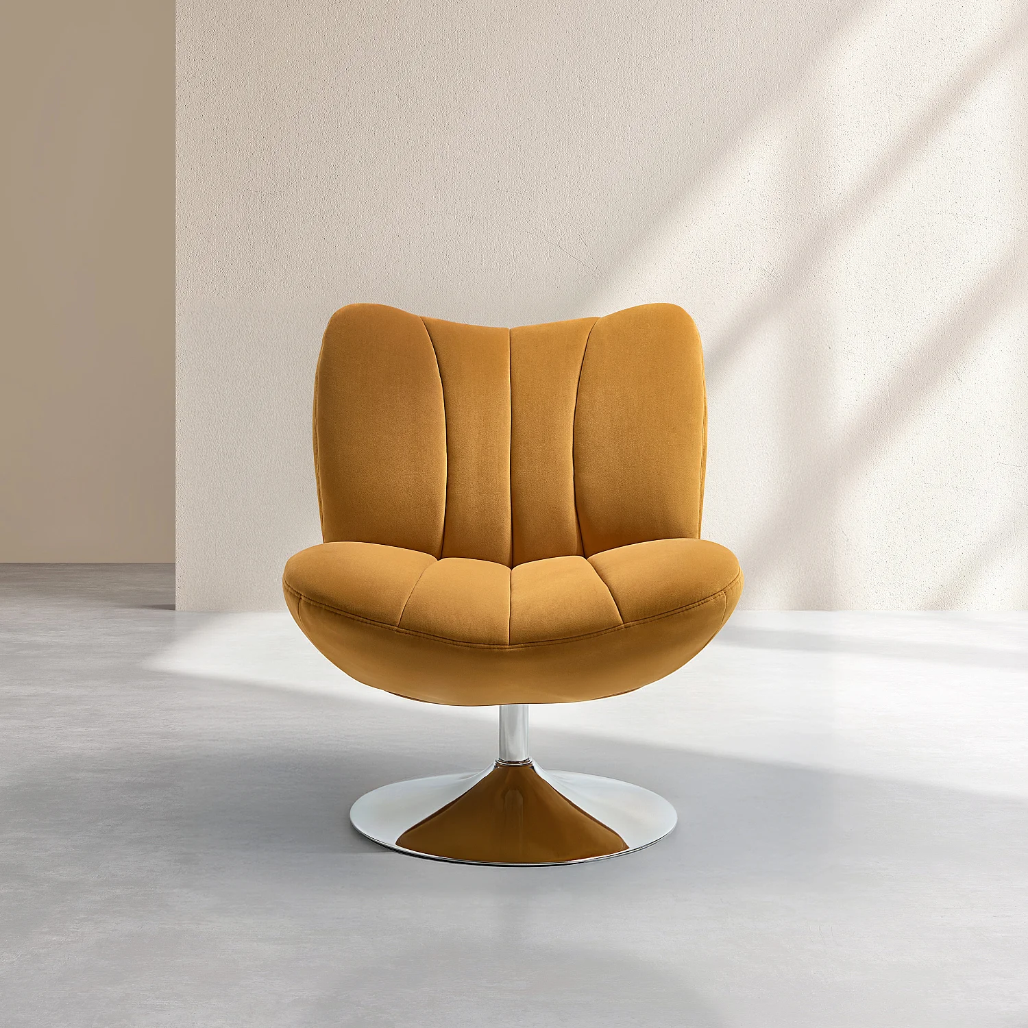 Gestoffeerde draaibare fauteuil in stof en verchroomd metaal - Honing - 2