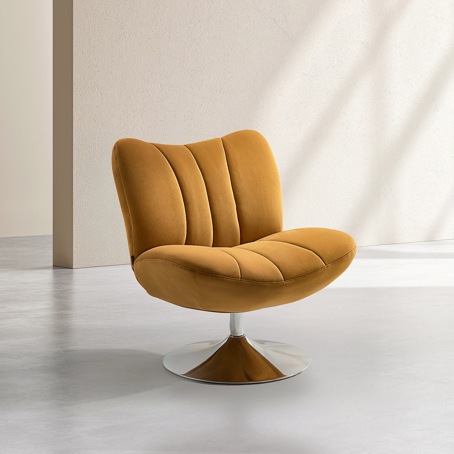 Gestoffeerde draaibare fauteuil in stof en verchroomd metaal - Honing - 1