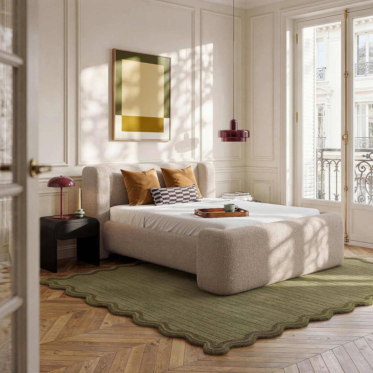 Letto 180 x 200 cm in tessuto bouclé - Greige - 1