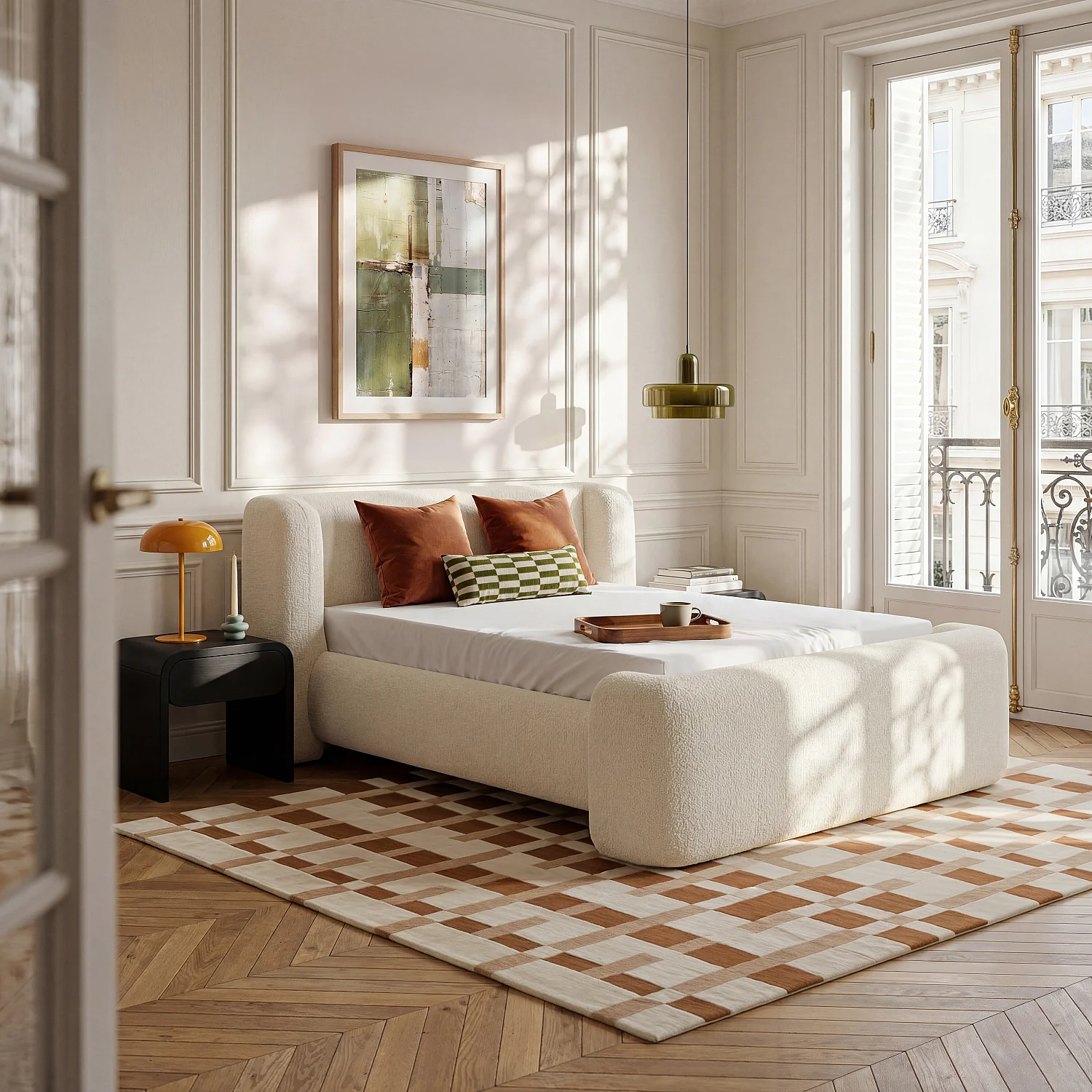 Letto 180 x 200 cm in tessuto bouclé - Écru - 3