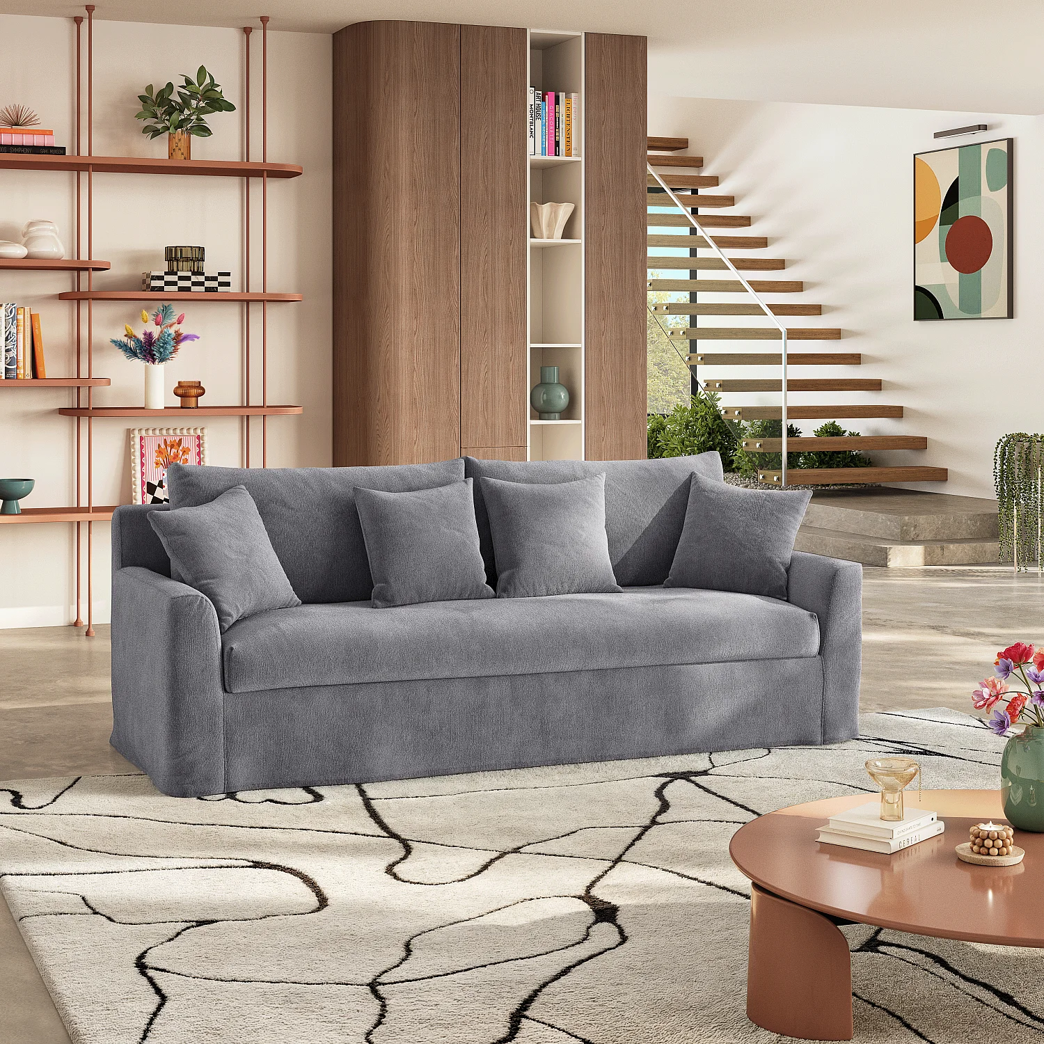 Ensemble de canapés et fauteuil déhoussables en coton et lin garnis de plumes - Gris ardoise - 3