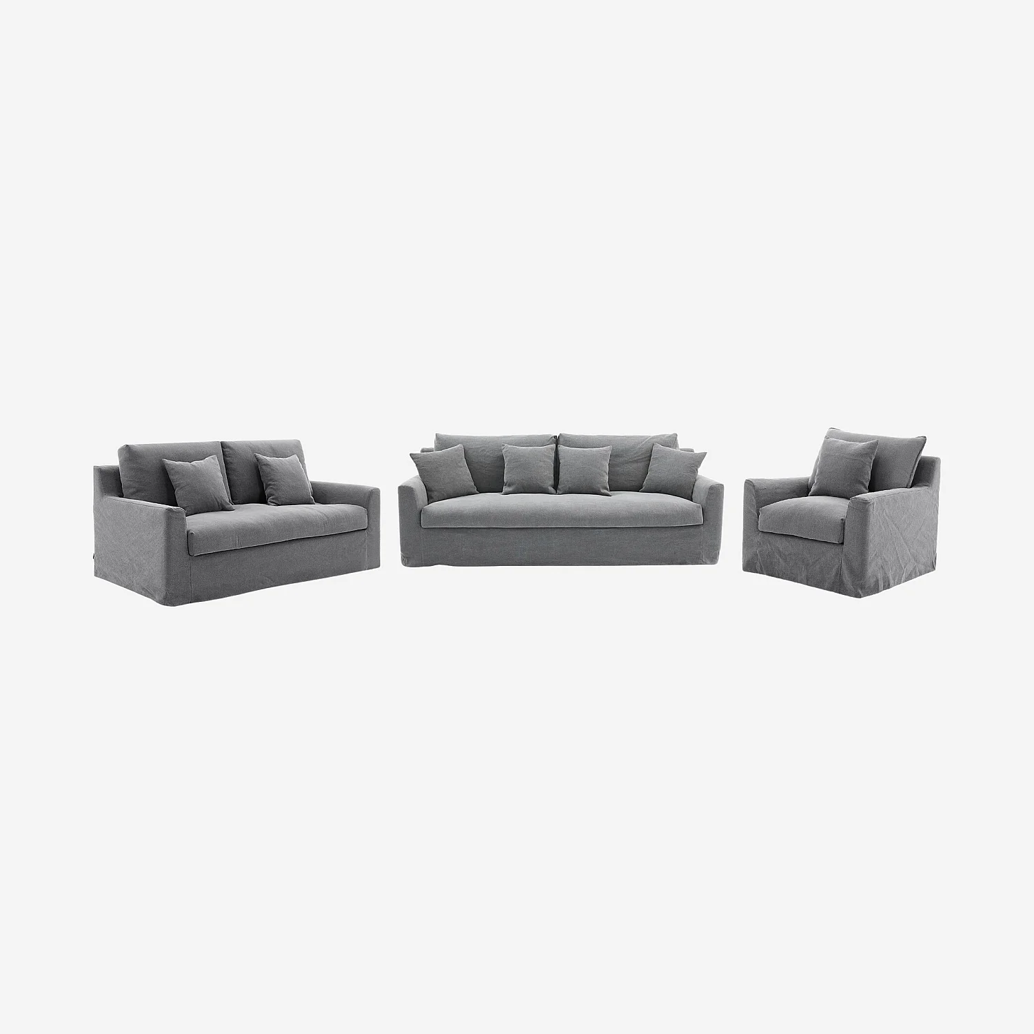 Ensemble de canapés et fauteuil déhoussables en coton et lin garnis de plumes - Gris ardoise - 1