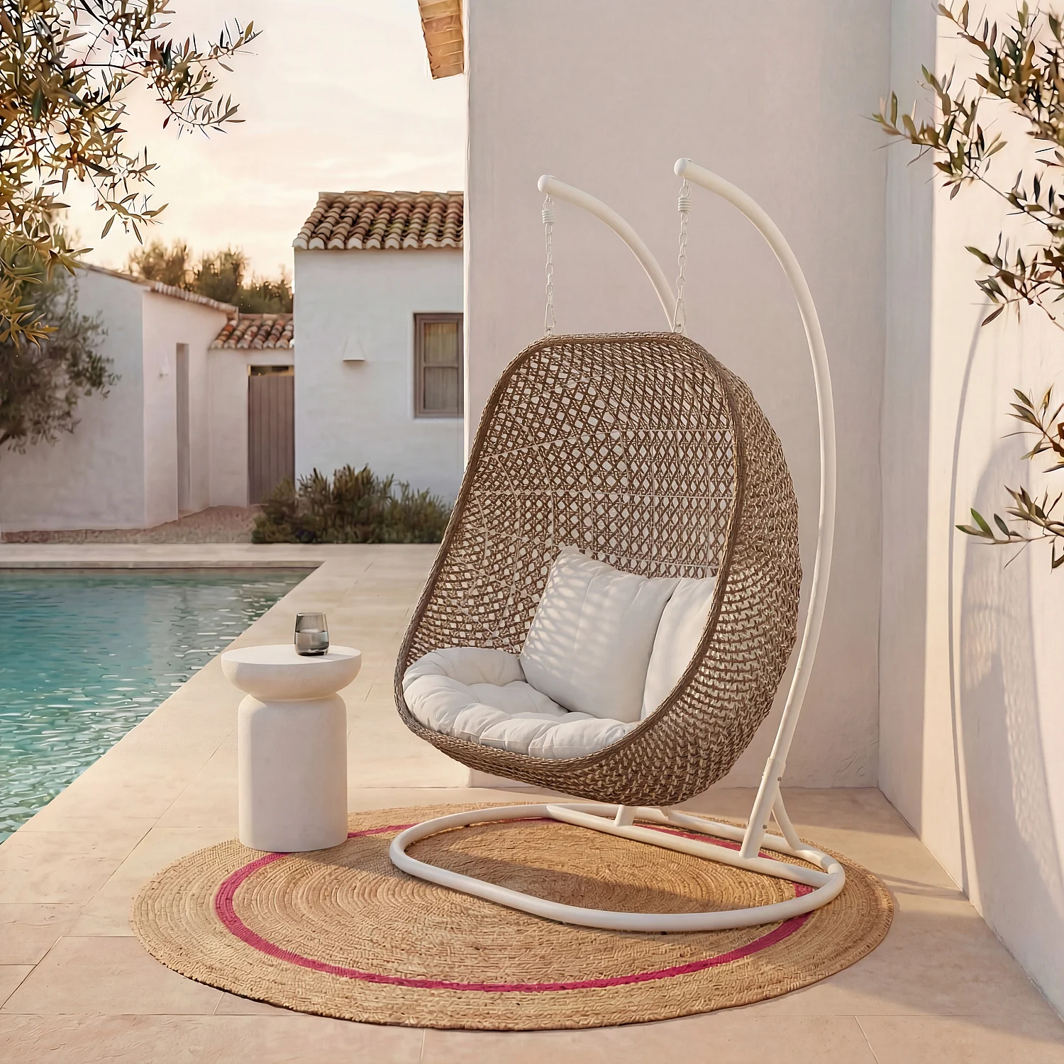 Poltrona sospesa 2 posti da esterno in resina intrecciata - Moka e bianco - 1