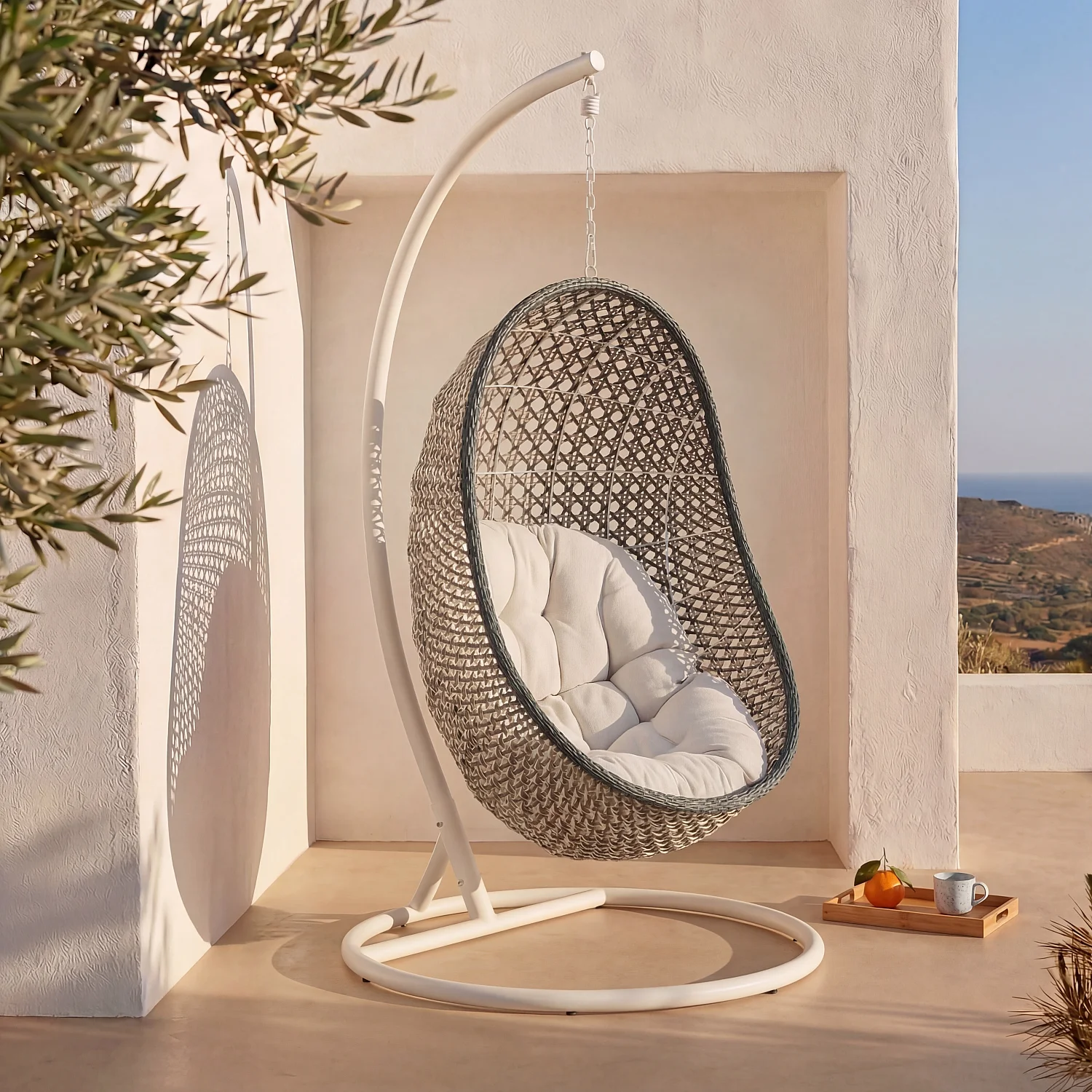 Hangstoel voor buiten van wicker - Kakigroen en wit - 1