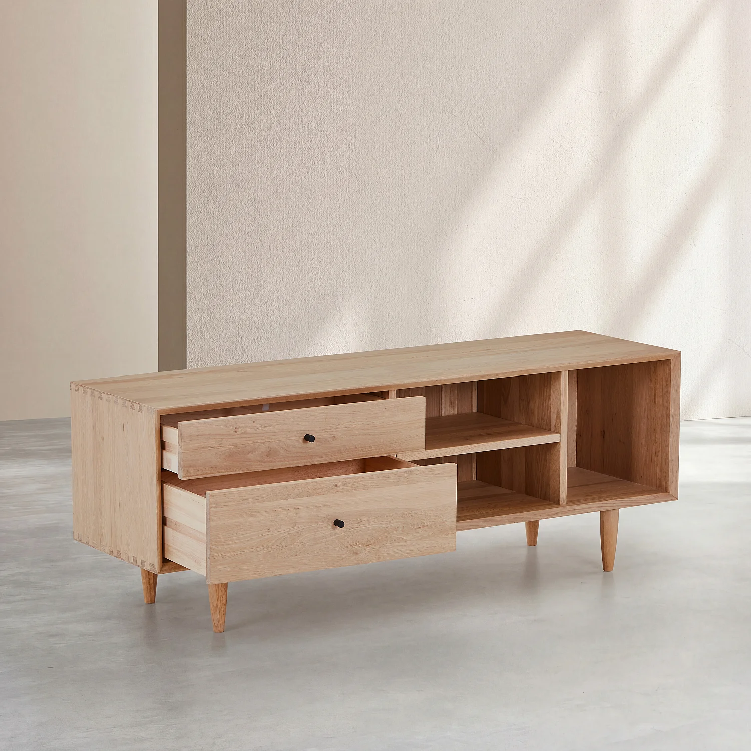 Rack TV com 2 gavetas em carvalho maciço - Natural - 3