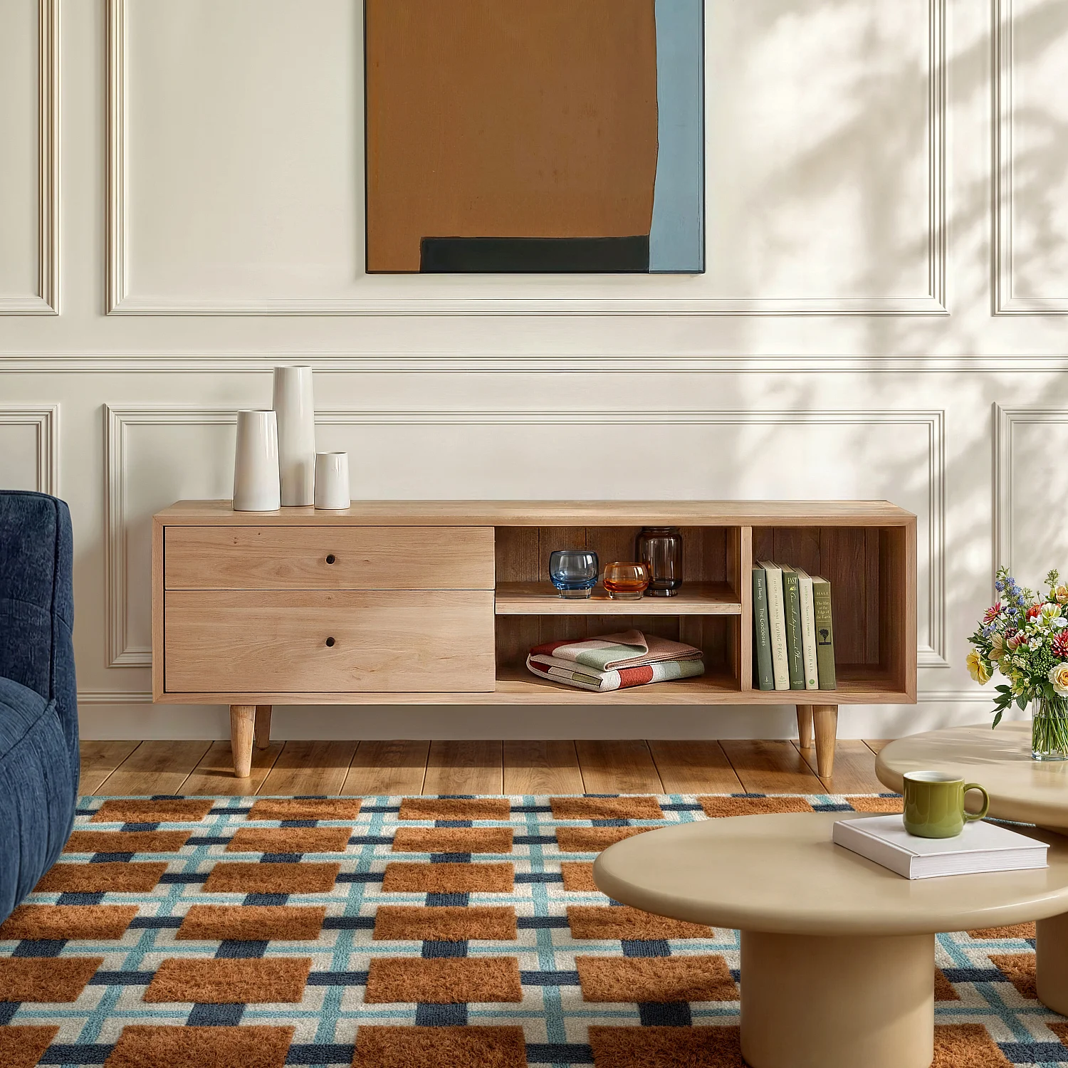 Mobile TV in rovere massello con 2 cassetti - Naturale - 1