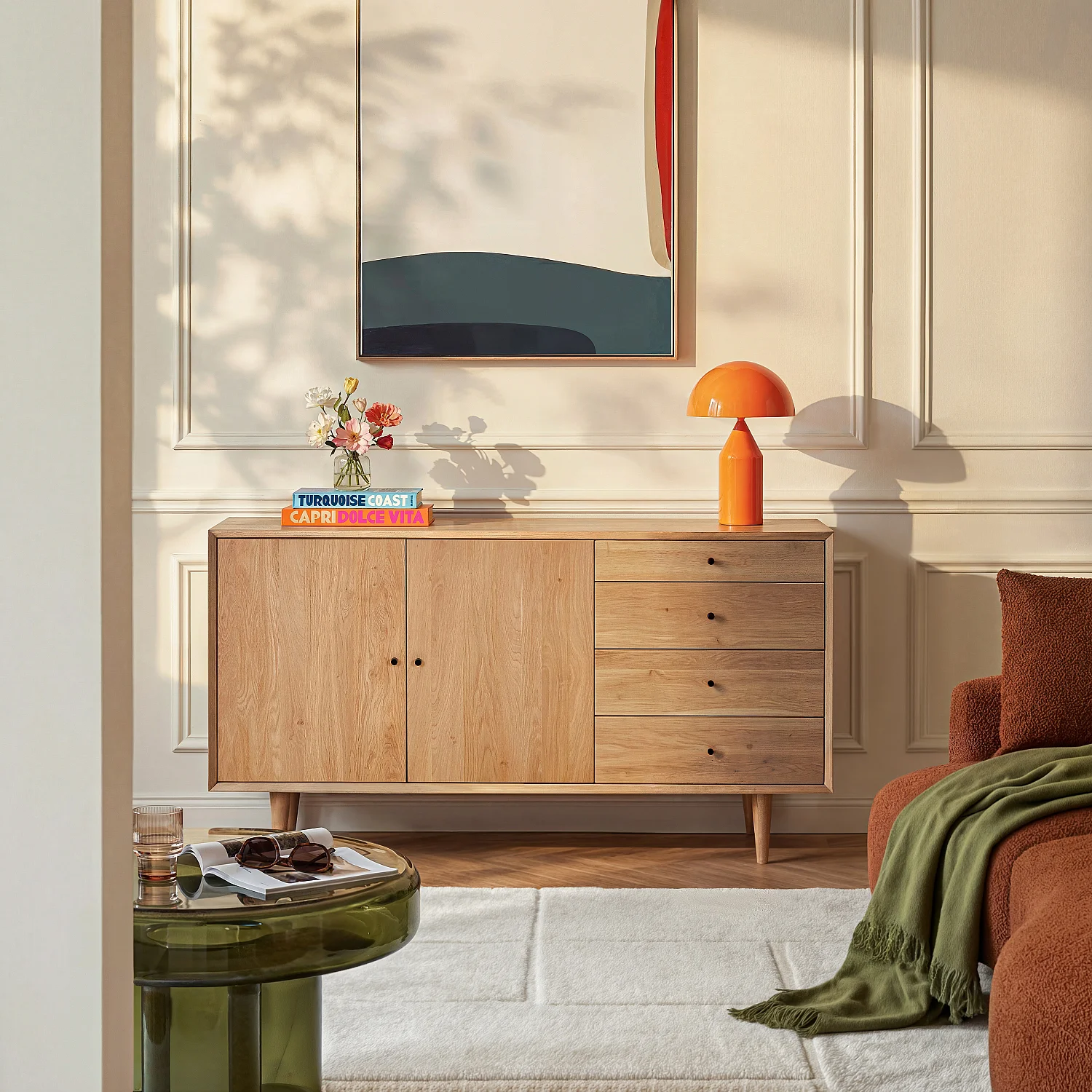 Aparador baixo 2 portas e 4 gavetas em carvalho maciço - Natural - 1