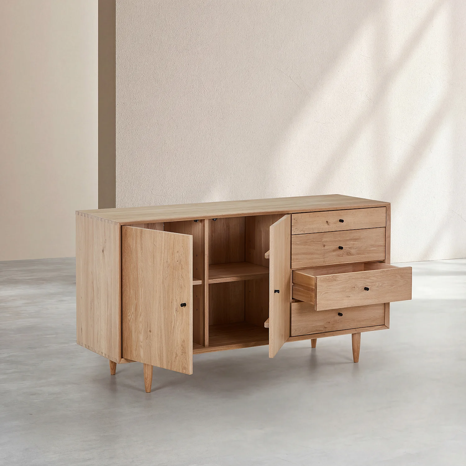 Aparador baixo 2 portas e 4 gavetas em carvalho maciço - Natural - 2