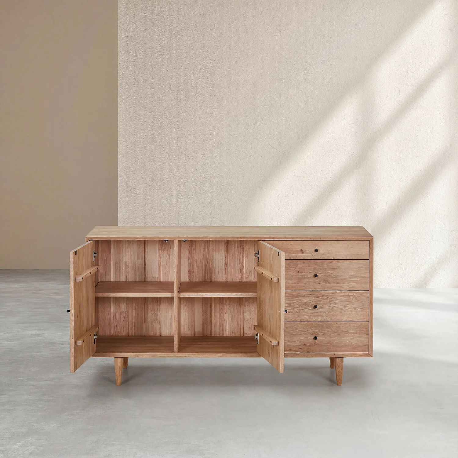 Aparador baixo 2 portas e 4 gavetas em carvalho maciço - Natural - 6
