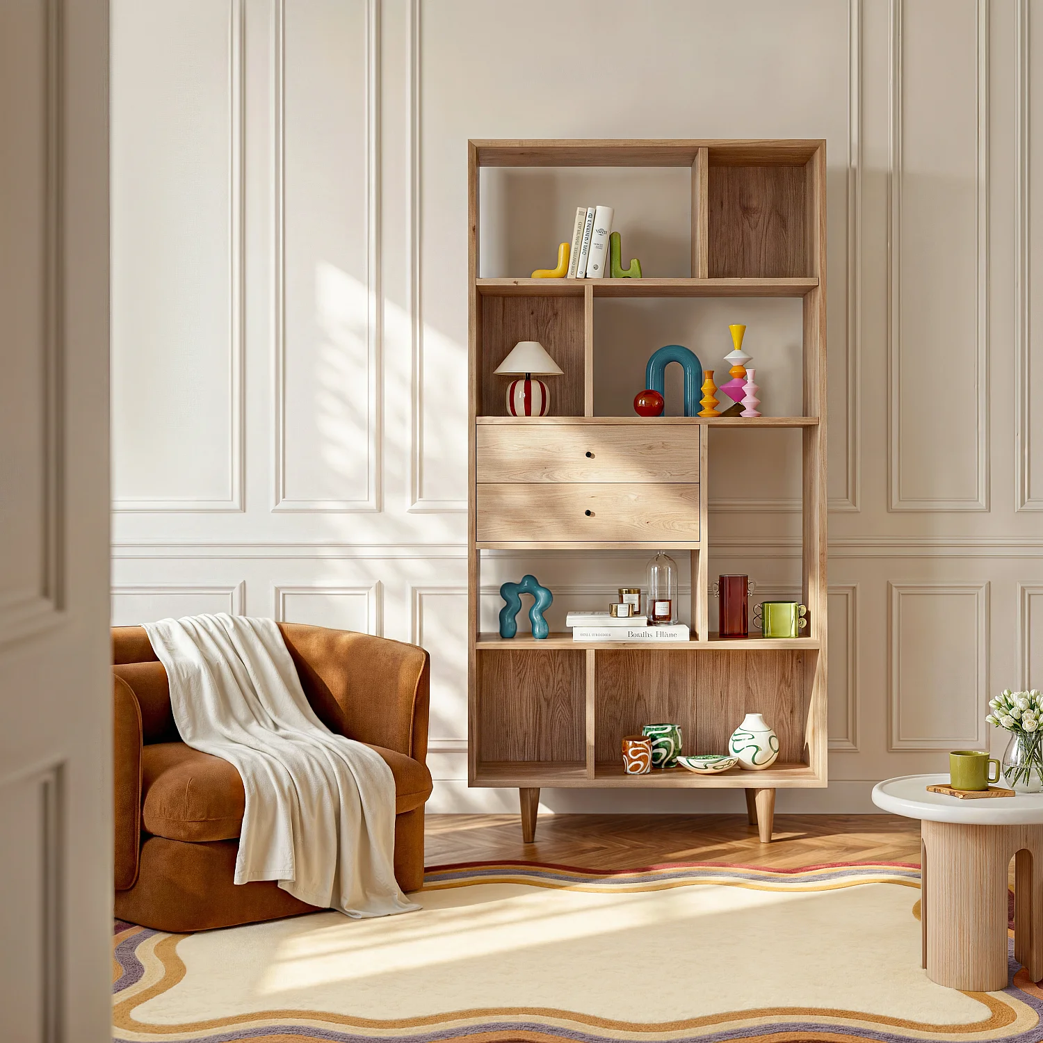 Estante com 2 gavetas em carvalho maciço - Natural - 1