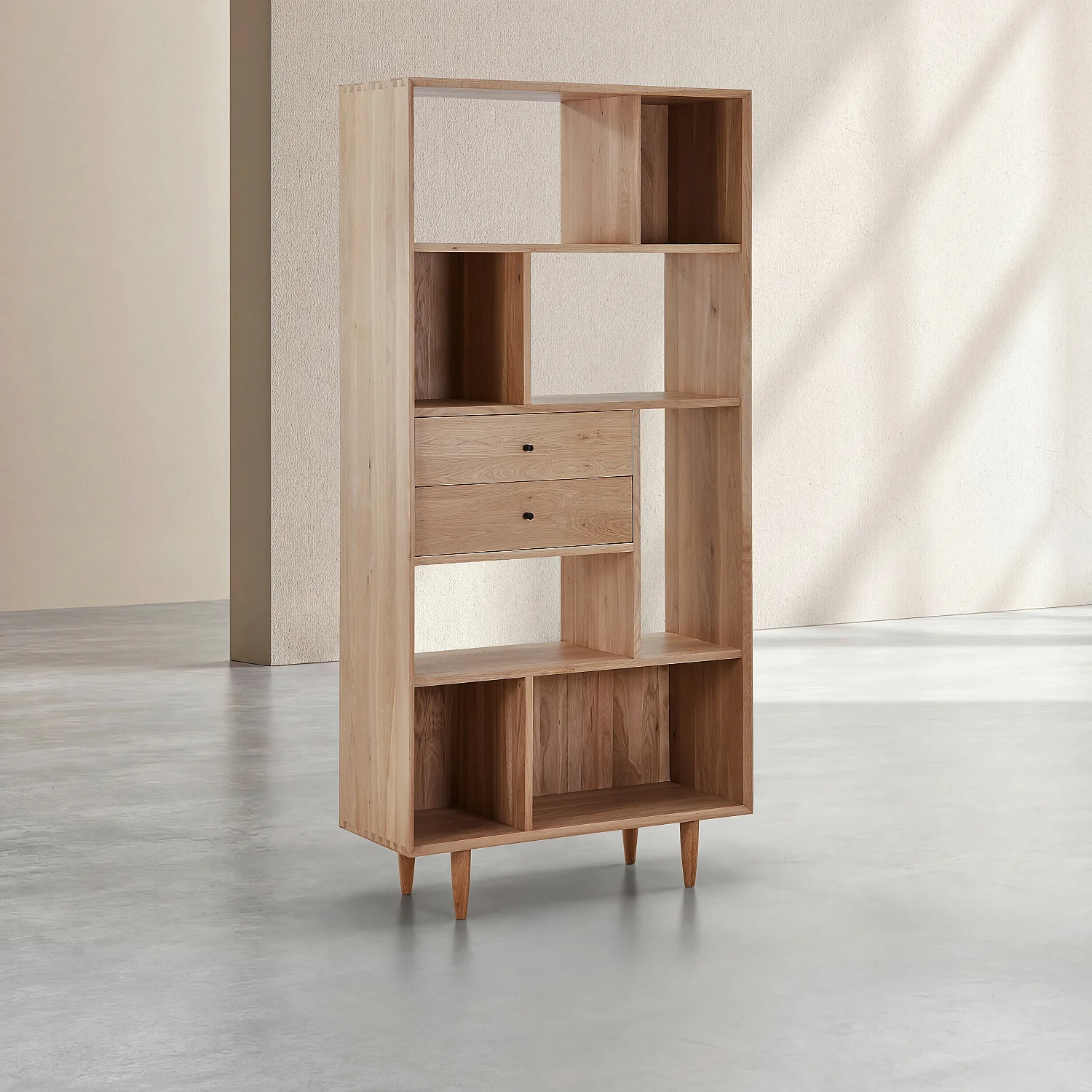 Estante com 2 gavetas em carvalho maciço - Natural - 6