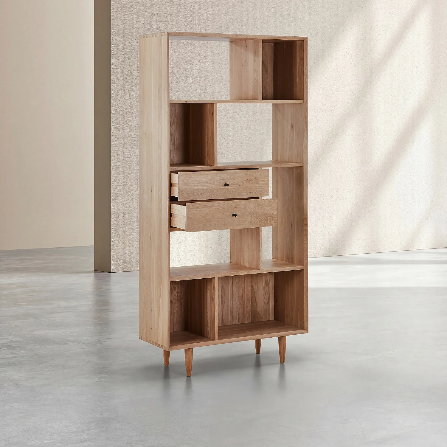 Estante com 2 gavetas em carvalho maciço - Natural - 3